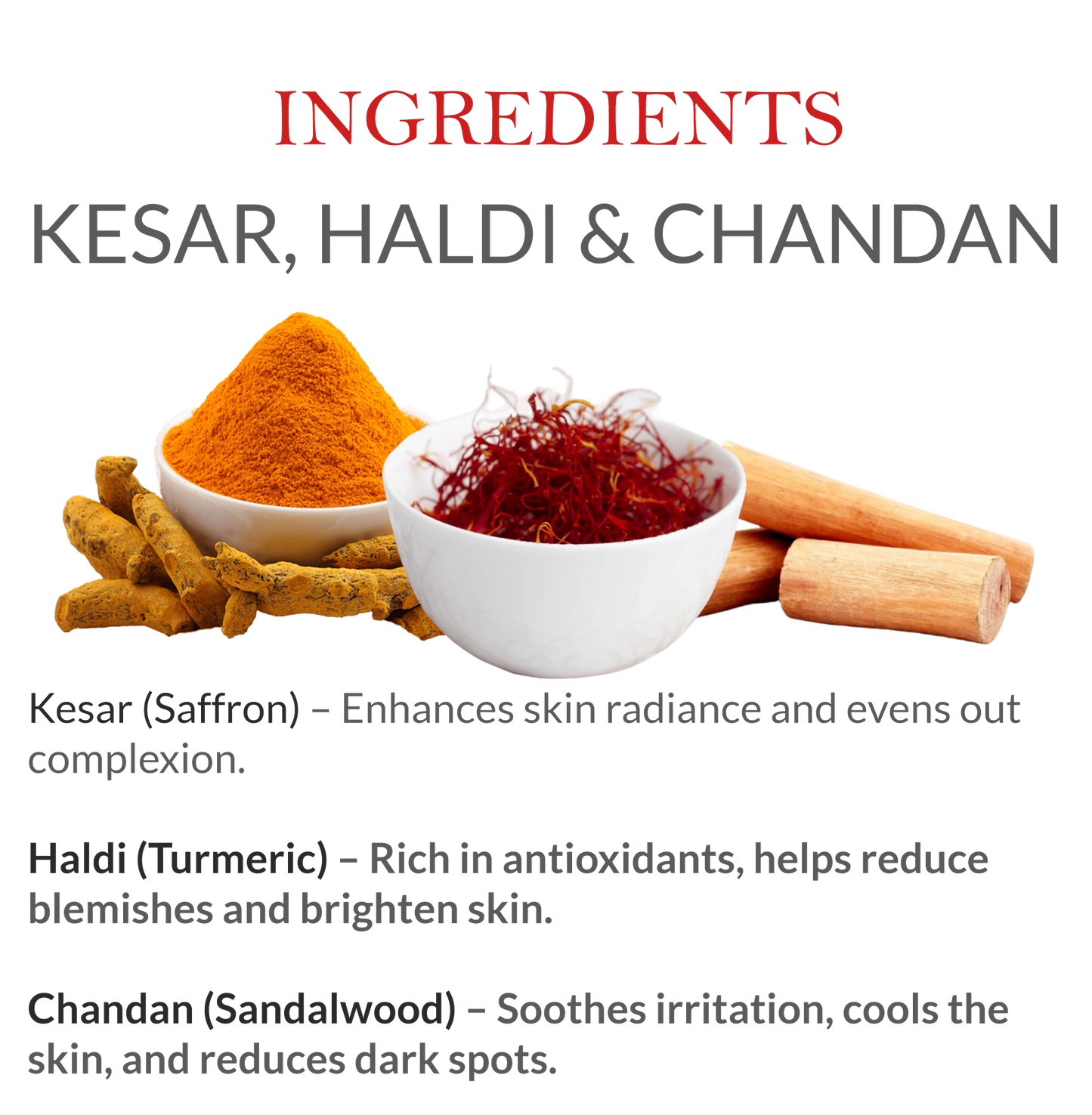 Natural Ingredients in Janakshahi Kesar Haldi & Chandan Face Scrub – Saffron, Turmeric, Sandalwood