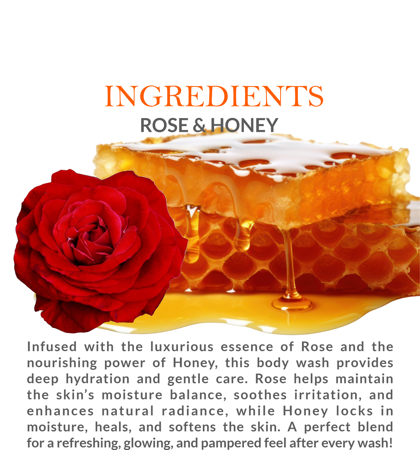 Ingredients list of Khadi Rose & Honey Body Wash featuring Rose & Honey extracts