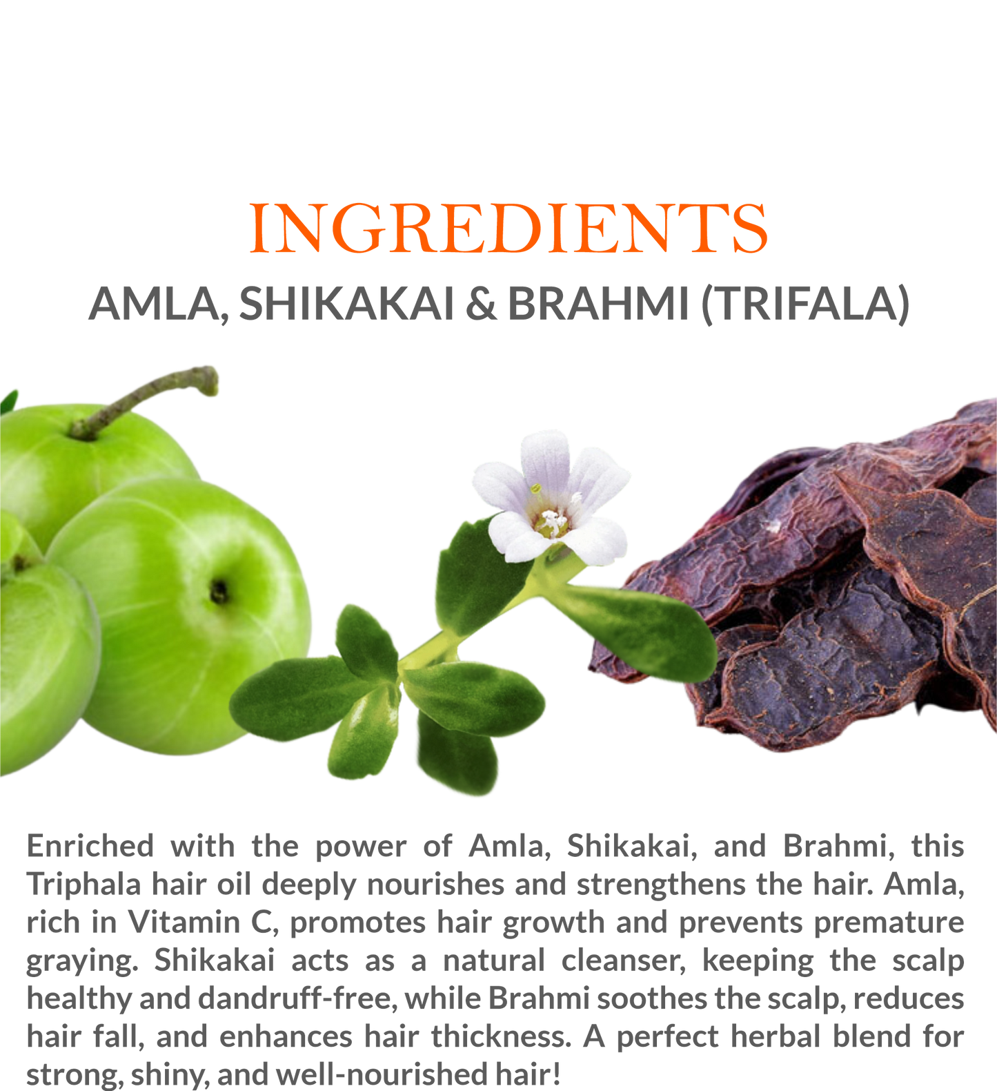 Ingredients list of Khadi Triphala Herbal Hair Oil featuring Amla, Harad & Baheda