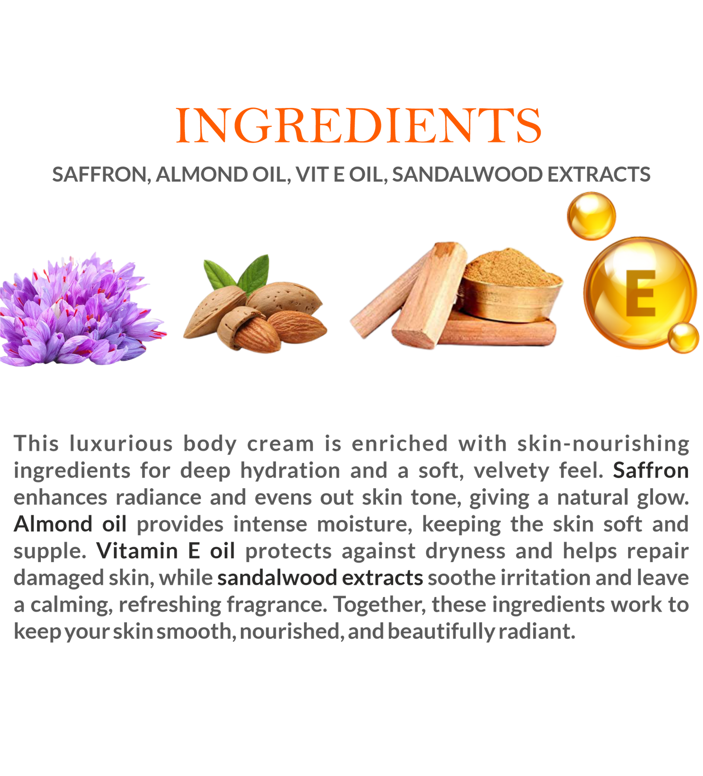 Natural Ingredients in Mountain Ayurveda Velvetty Body Cream – Kesar, Sandalwood Oil, Almond Oil, Vitamin E