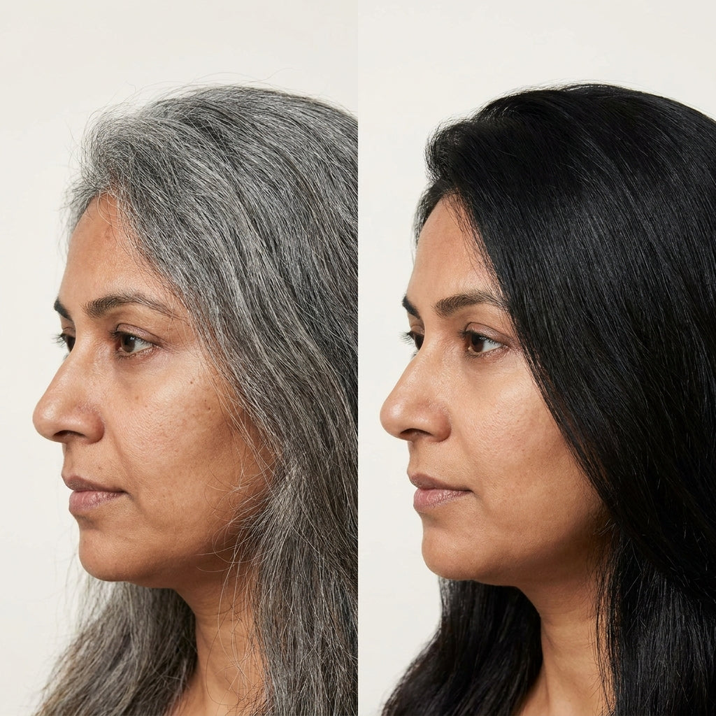 before and after result of janakshahi black henna powder side profile
