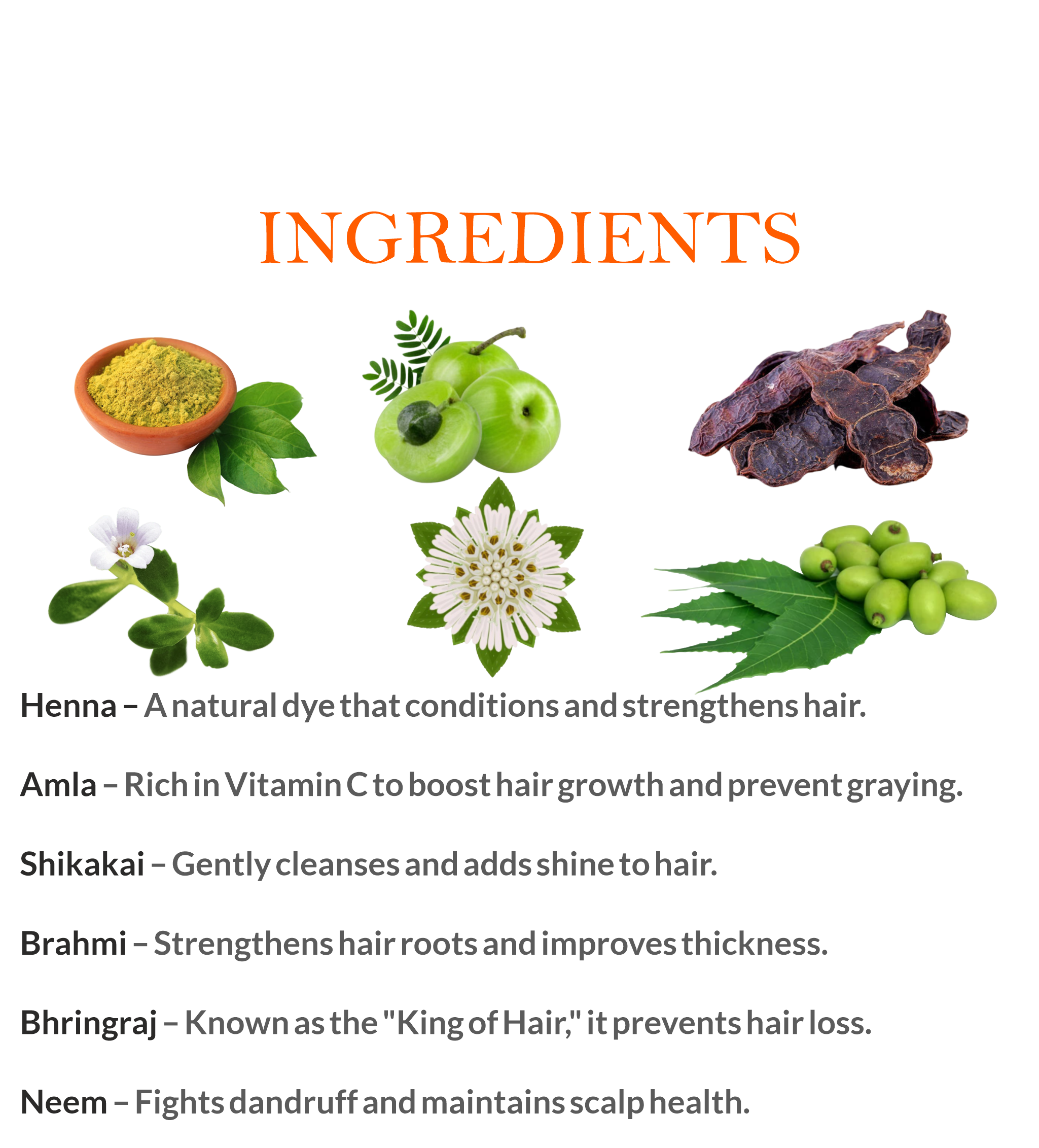 Natural Ingredients in Janakshahi Brown Henna – Henna, Amla, Bhringraj & Shikakai