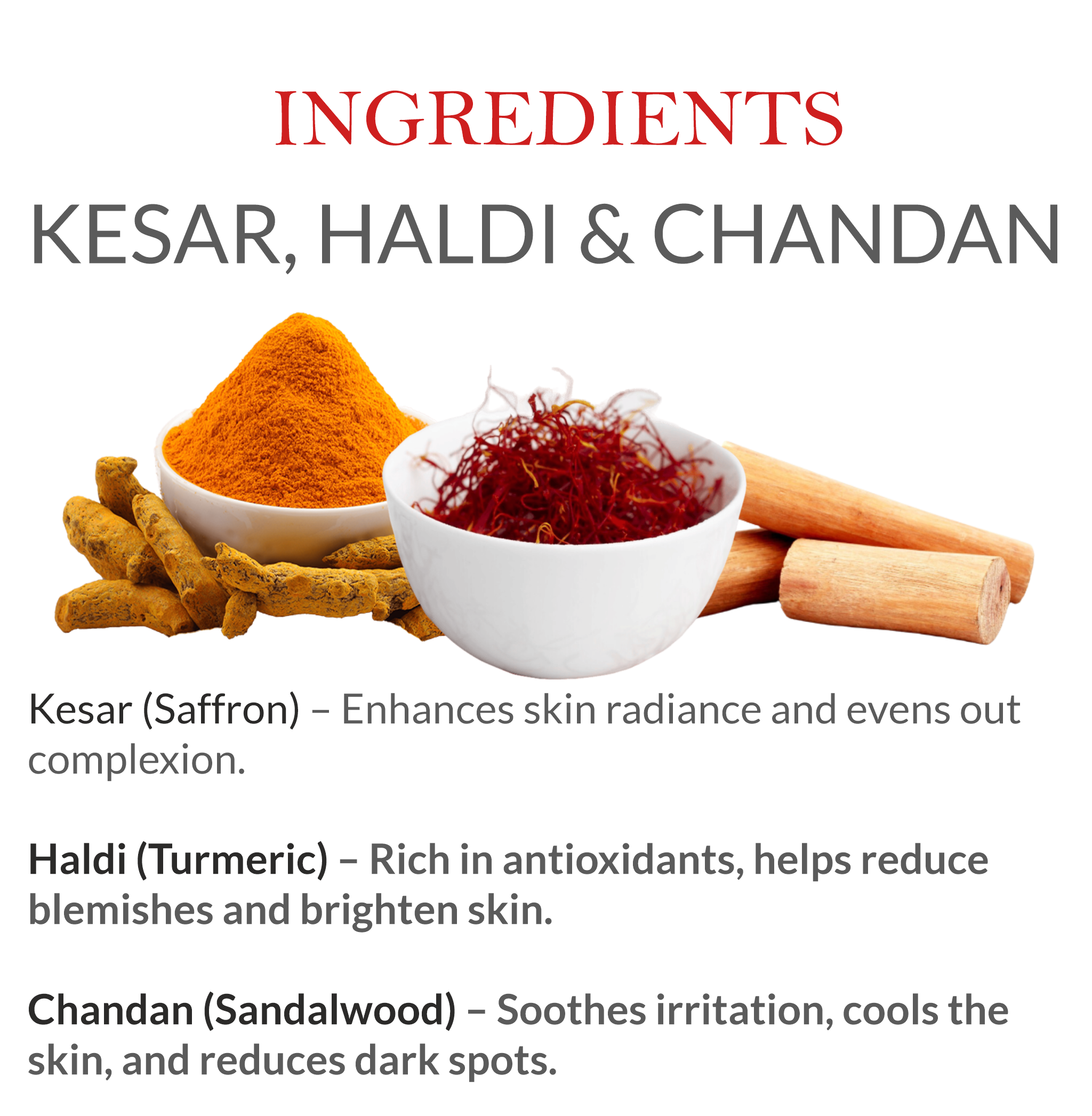 Natural Ingredients in Janakshahi Kesar Haldi & Chandan Face Scrub – Saffron, Turmeric, Sandalwood