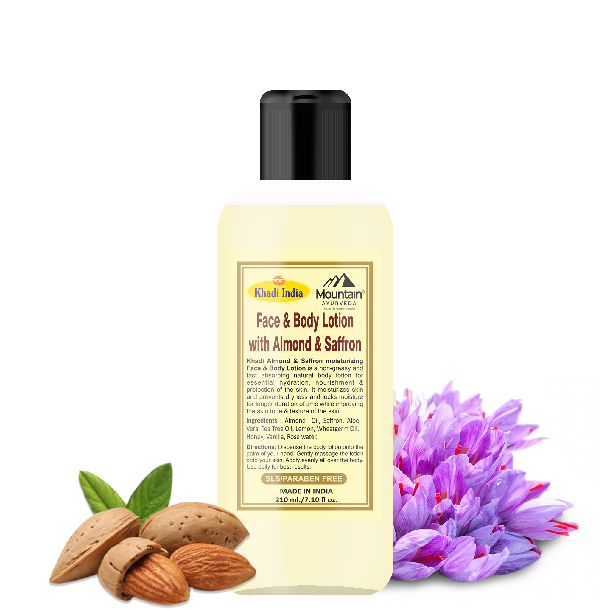 Khadi Almond Saffron Body Lotion 210ml – Herbal body lotion with almond oil & saffron for intense hydration and skin brightening