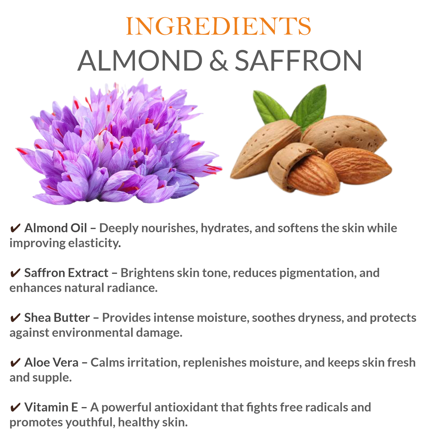 List of natural ingredients in Khadi Almond Saffron Body Lotion, including almond oil & saffron extracts