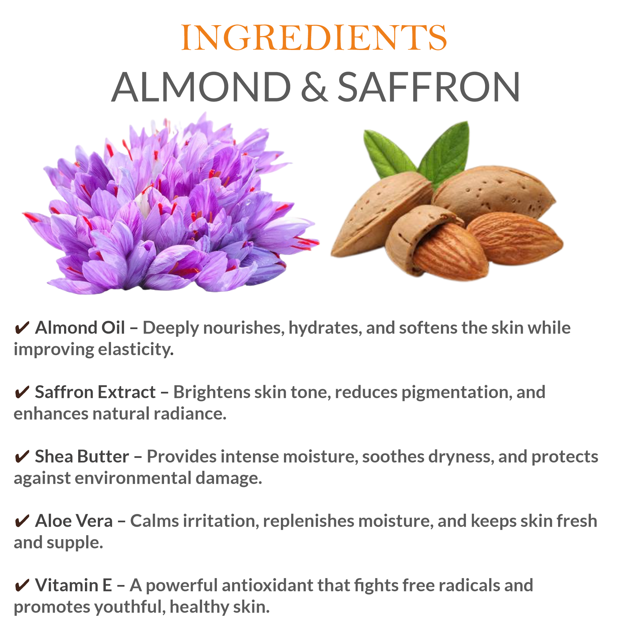 List of natural ingredients in Khadi Almond Saffron Body Lotion, including almond oil & saffron extracts