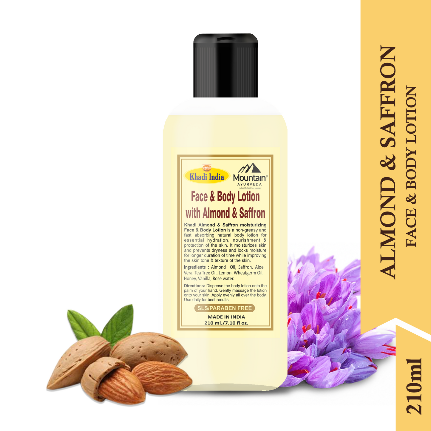 Side view of Khadi Almond Saffron Body Lotion bottle with natural skincare packaging