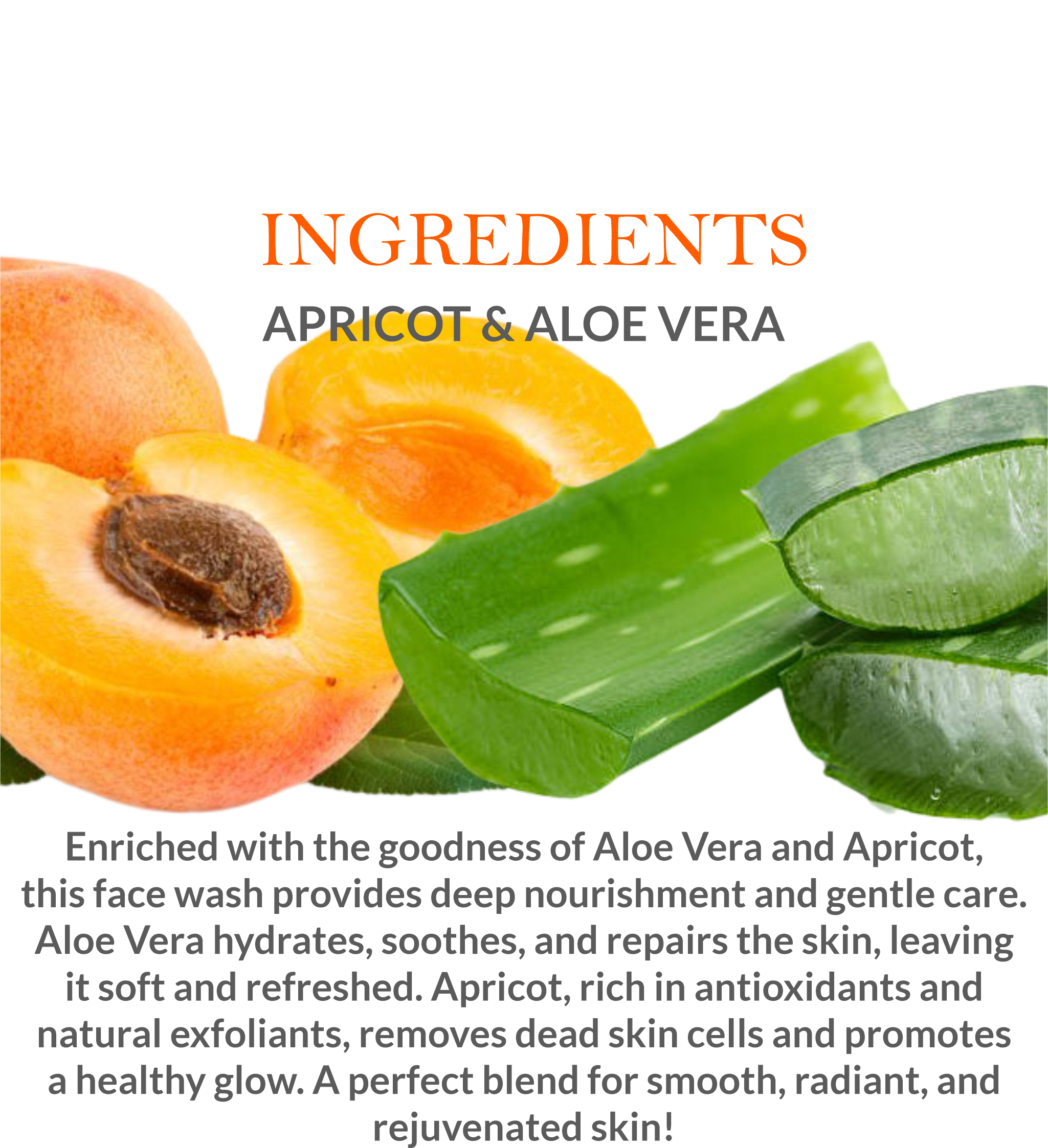 List of natural ingredients in Khadi Aloe Vera & Apricot Face Wash, including aloe vera & apricot extract