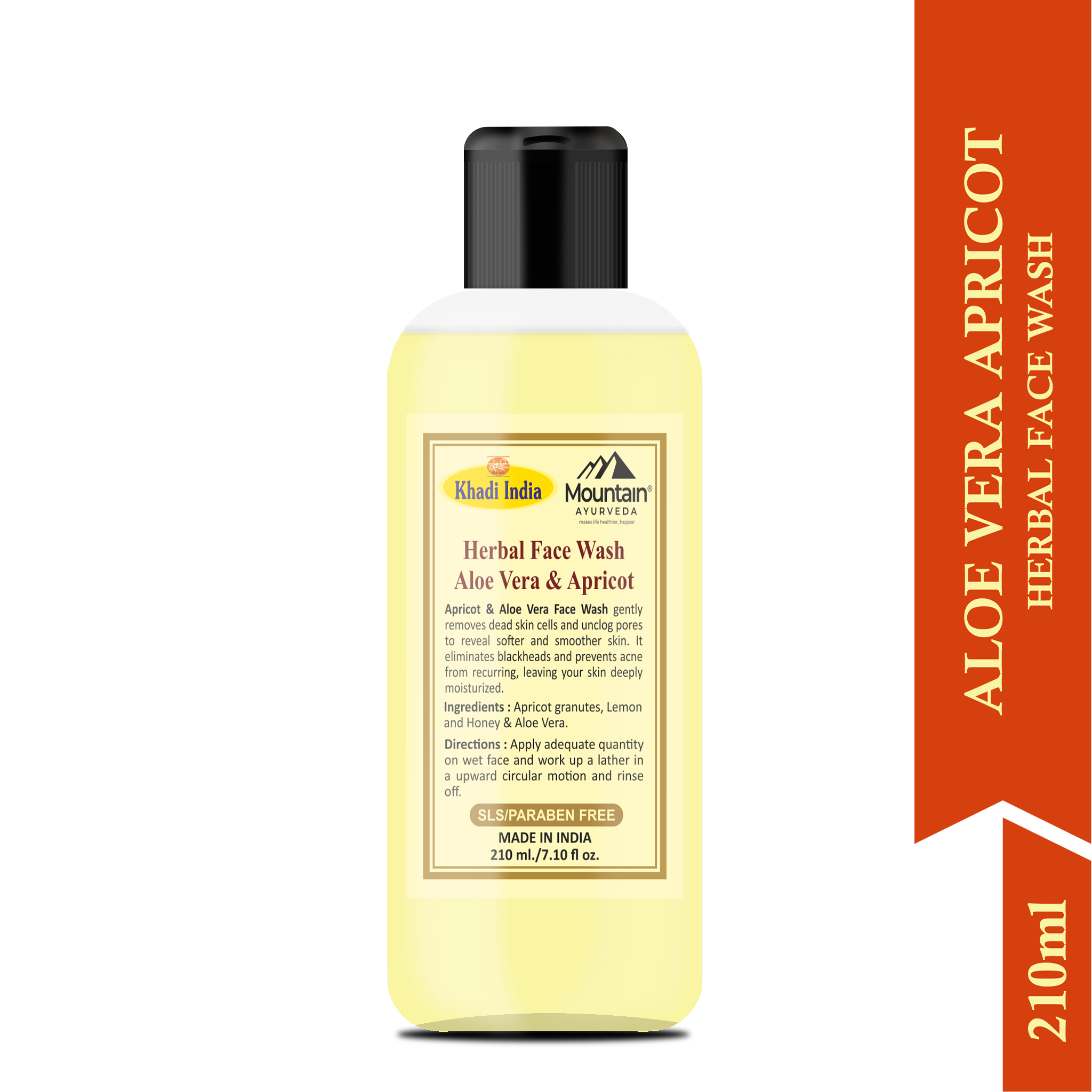 Side view of Khadi Aloe Vera & Apricot Face Wash bottle with natural ingredients