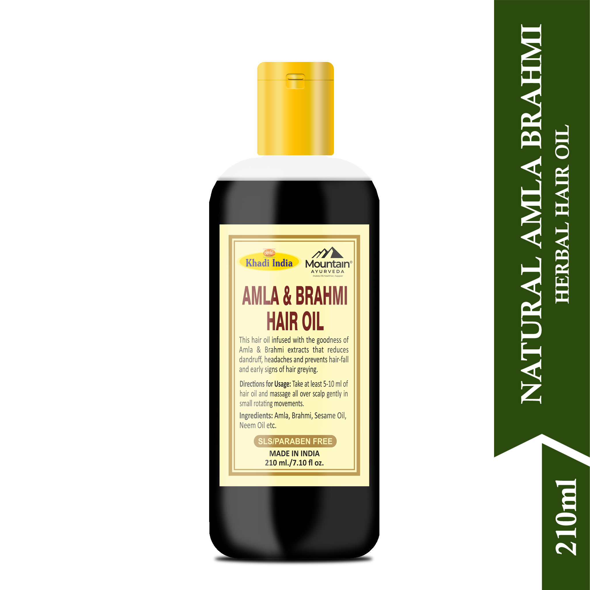 Side view of Khadi Amla Brahmi Herbal Hair Oil bottle with natural ingredients