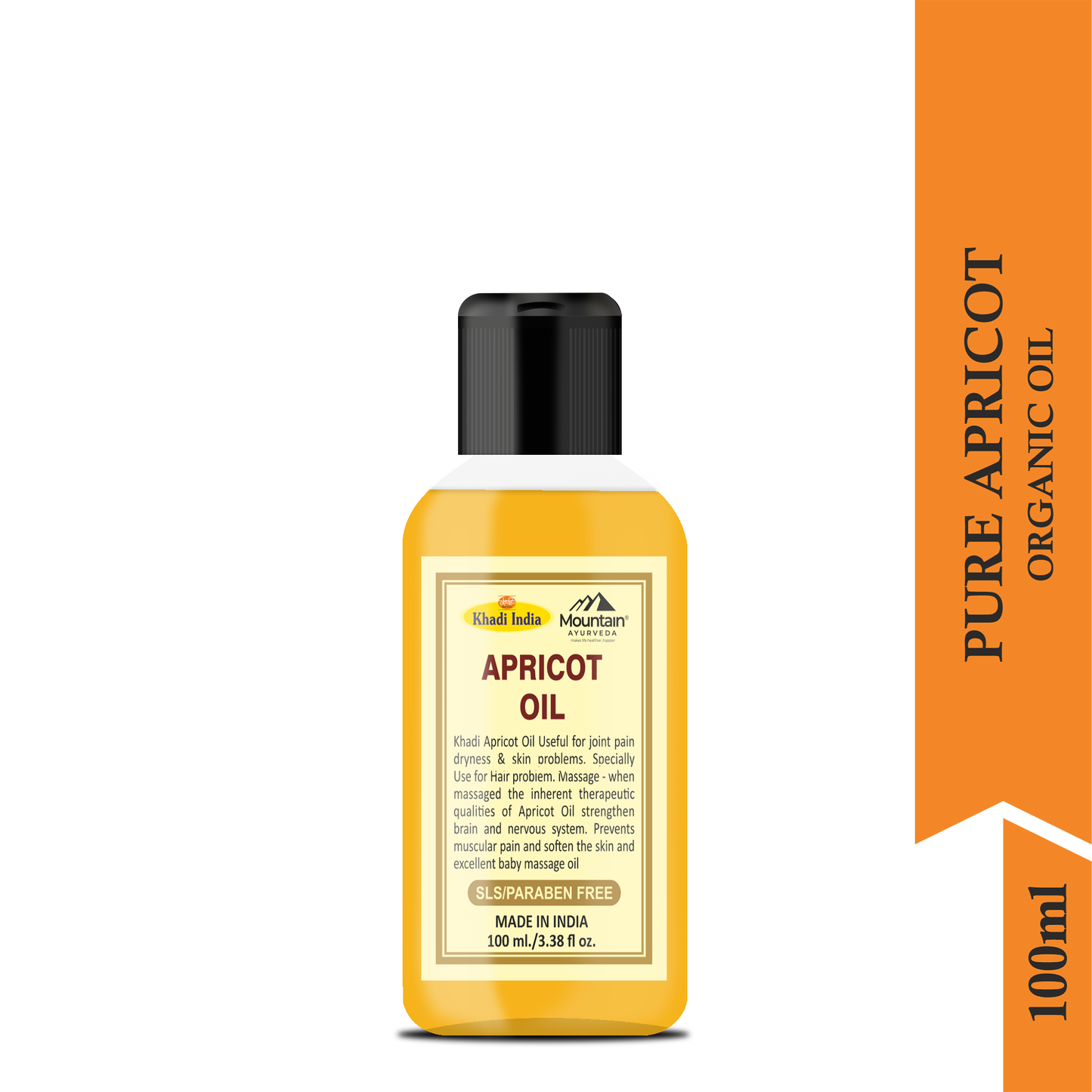 Side view of Khadi Apricot Oil 100ml bottle with essential nutrients