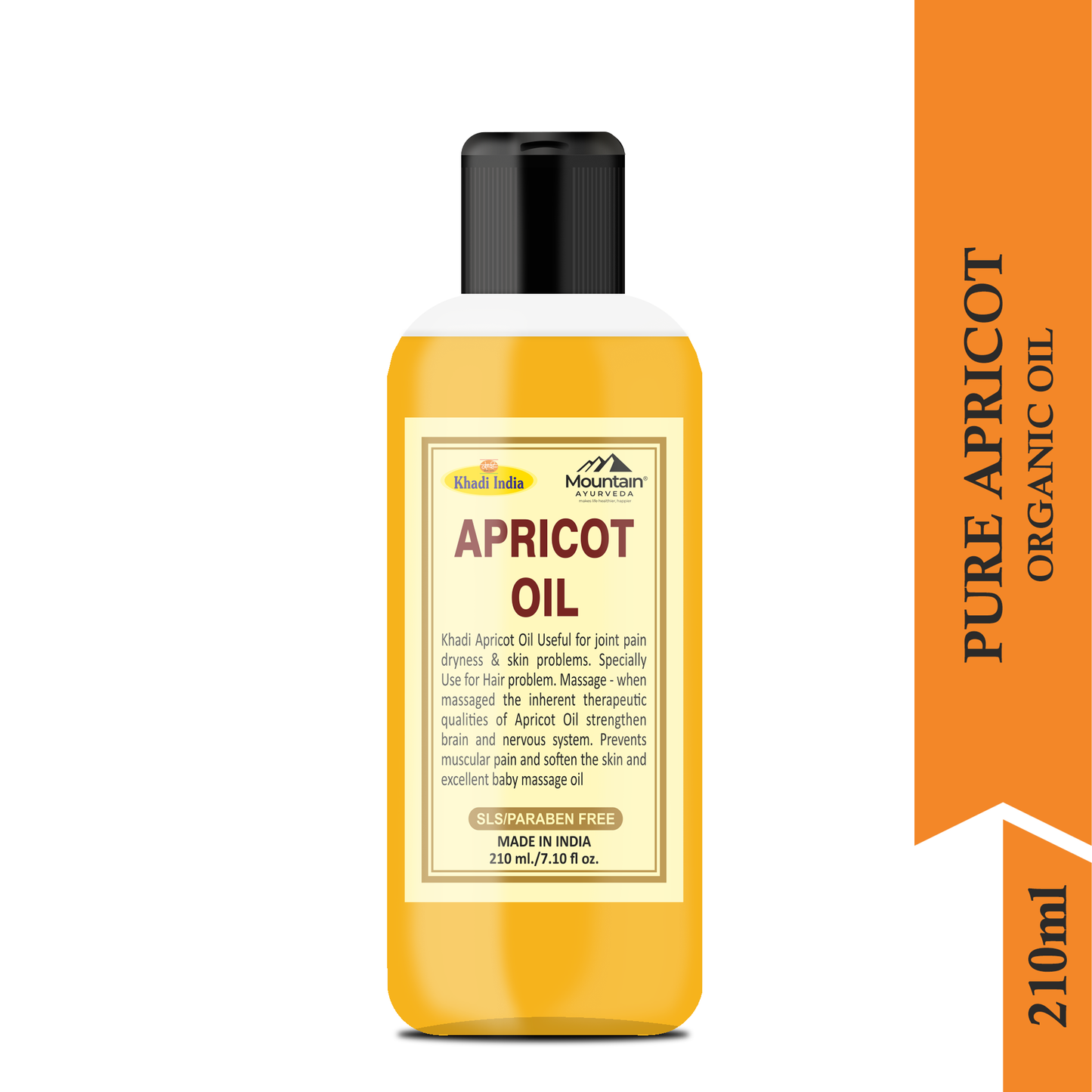 Side view of Khadi Apricot Oil 210ml bottle with essential nutrients