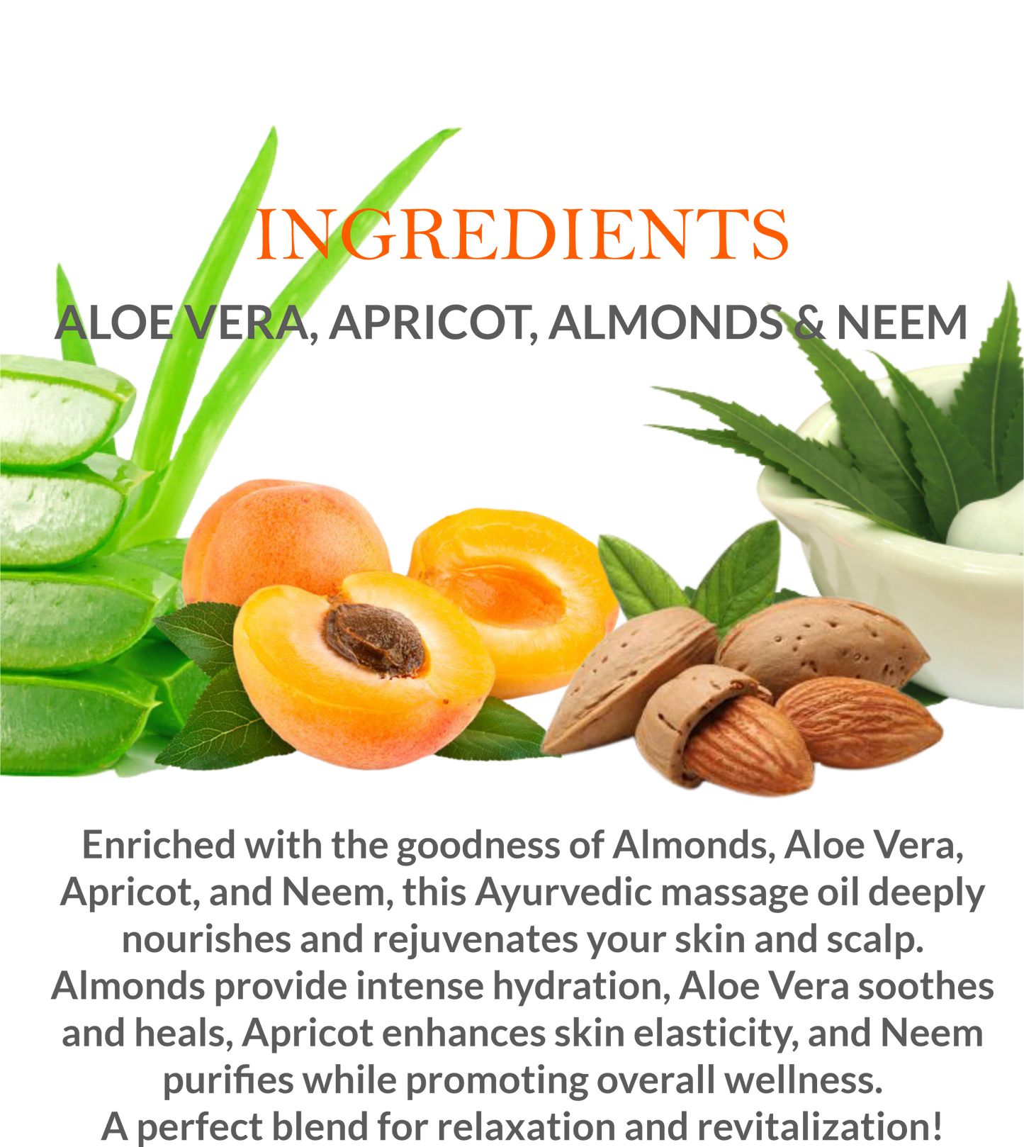 List of natural ingredients in Khadi Ayurvedic Massage Oil, including essential herbal extracts