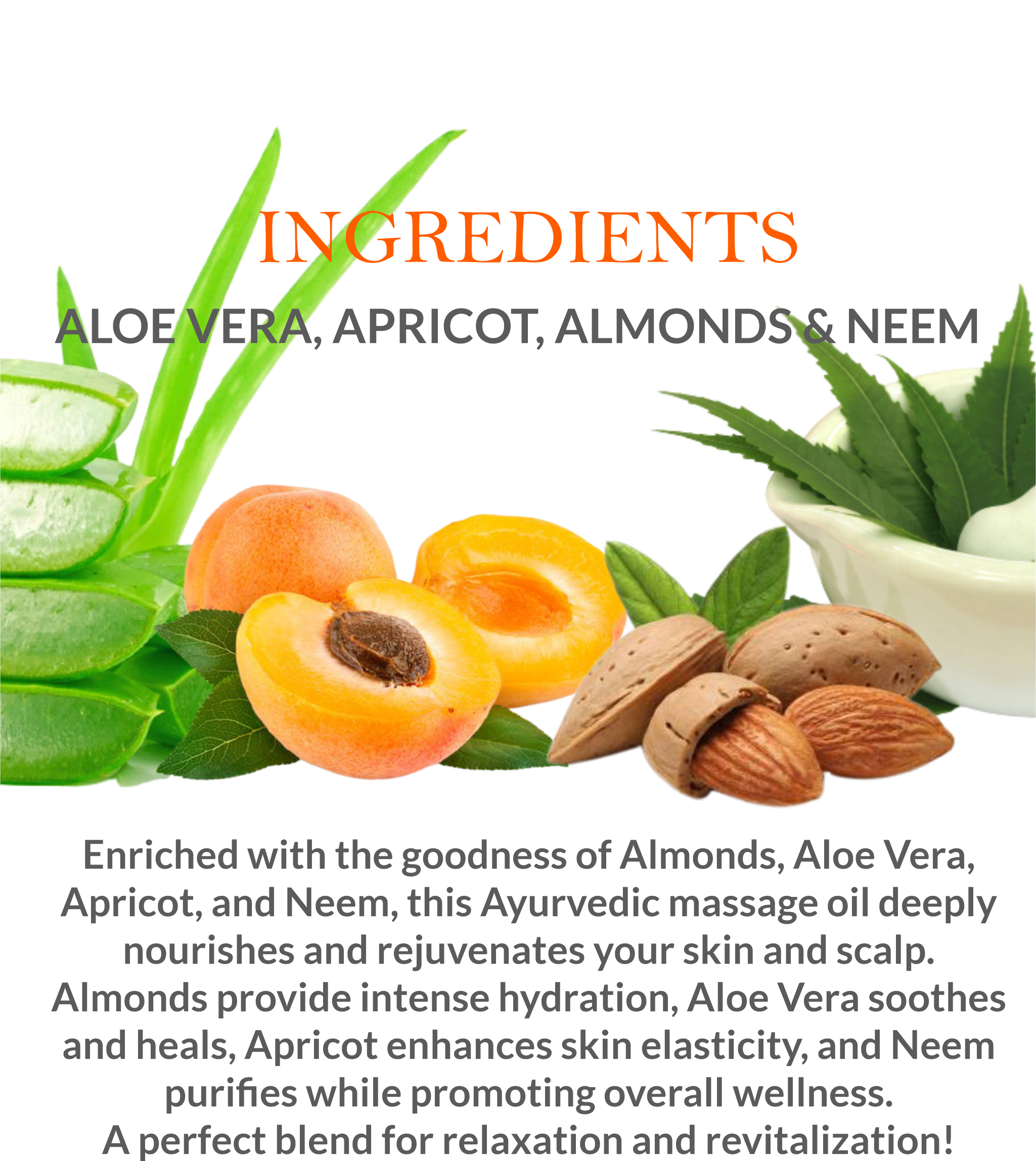 List of natural ingredients in Khadi Ayurvedic Massage Oil, including essential herbal extracts