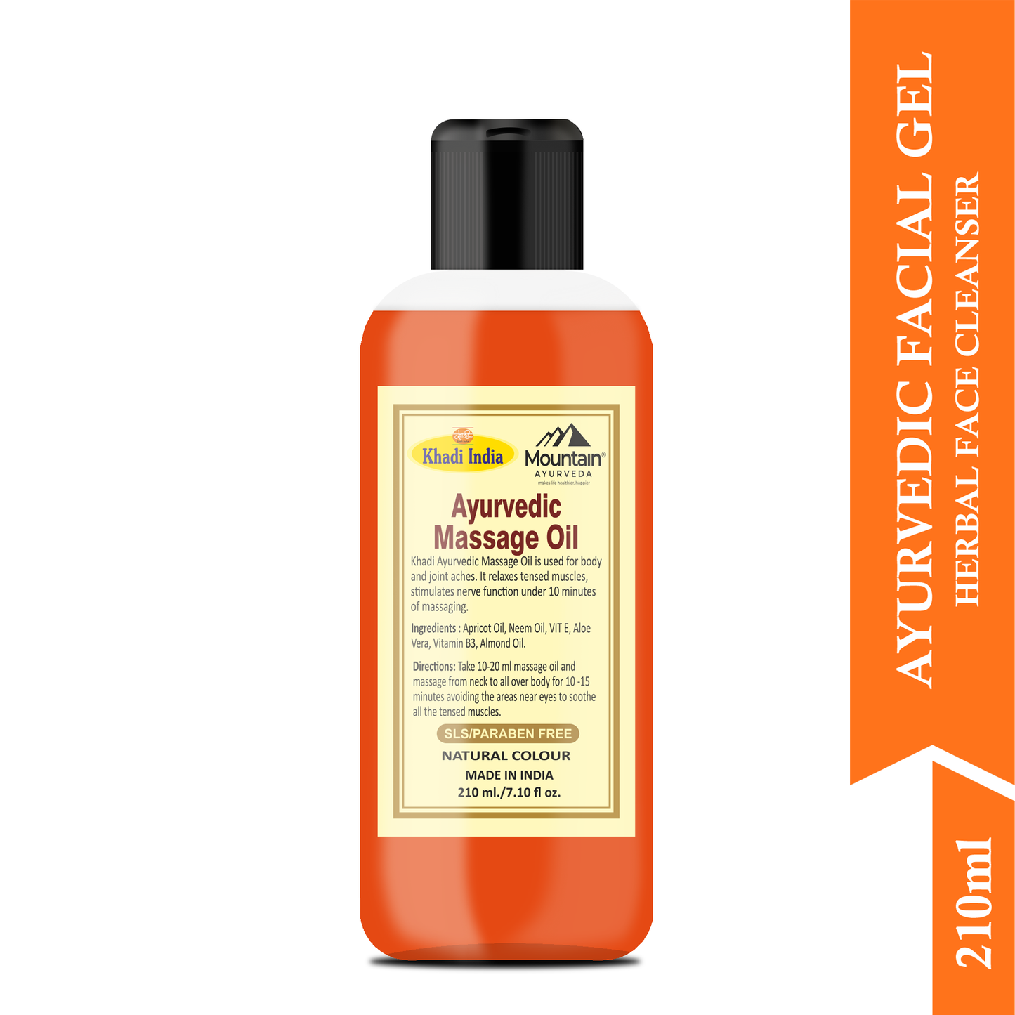 Side view of Khadi Ayurvedic Massage Oil bottle with Ayurvedic ingredients