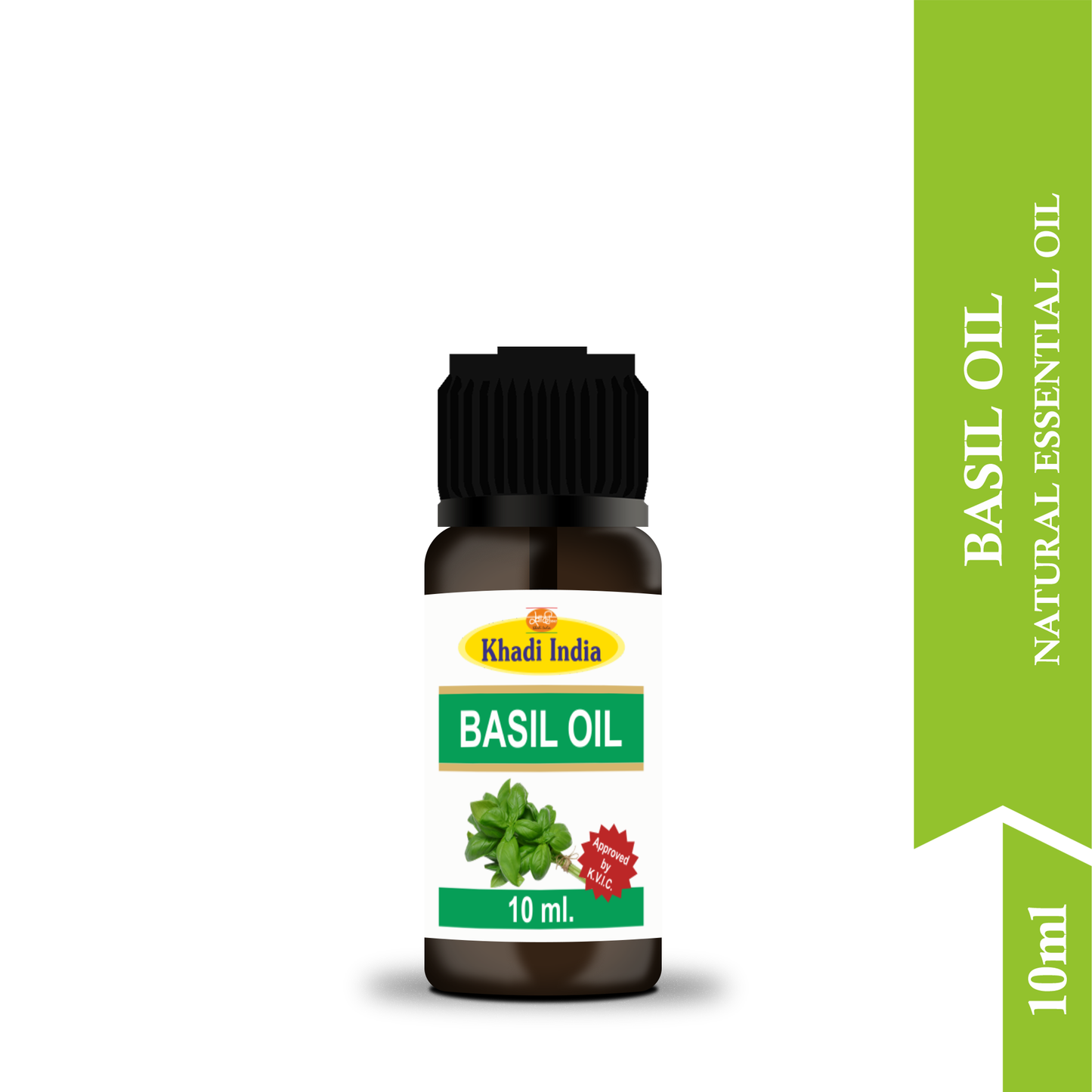 Side view of Khadi Basil Essential Oil bottle – Herbal essence for skin & hair care