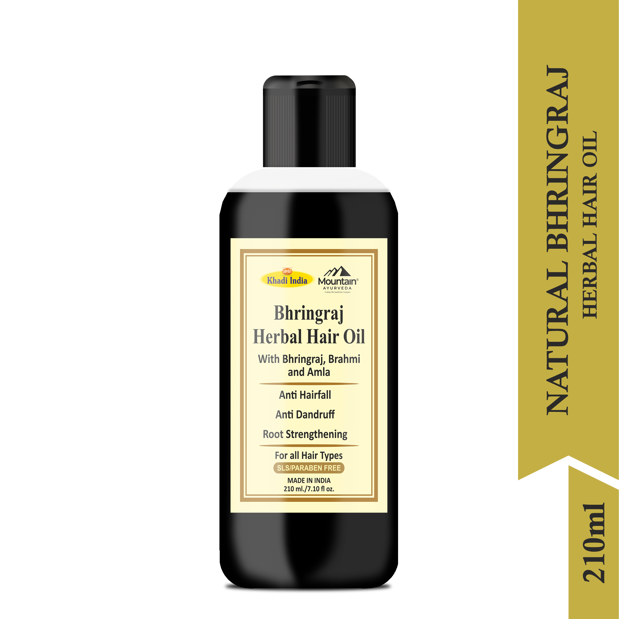 Side view of Khadi Bhringraj Herbal Hair Oil bottle showcasing ingredients