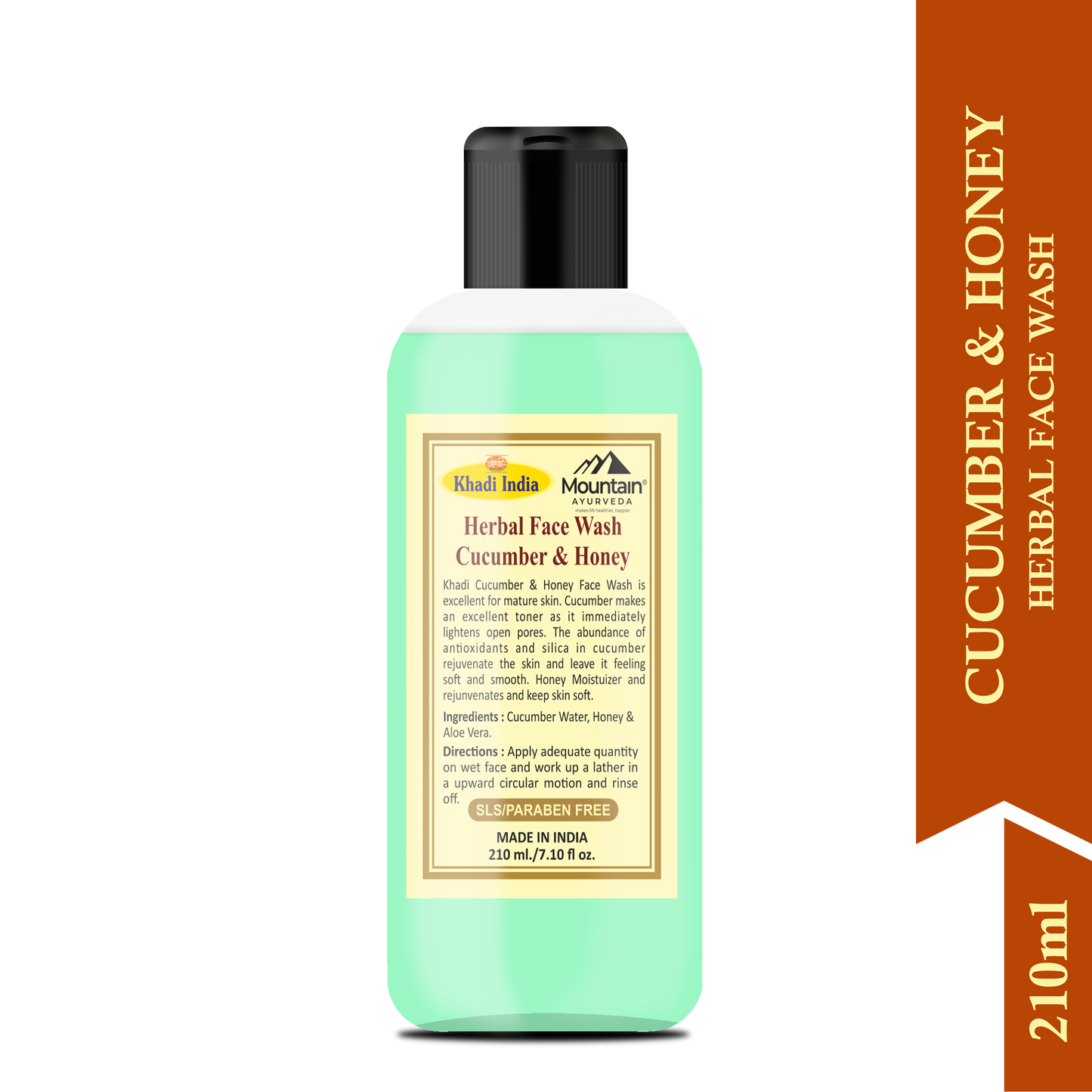 Side view of Khadi Cucumber & Honey Face Wash bottle with natural ingredients