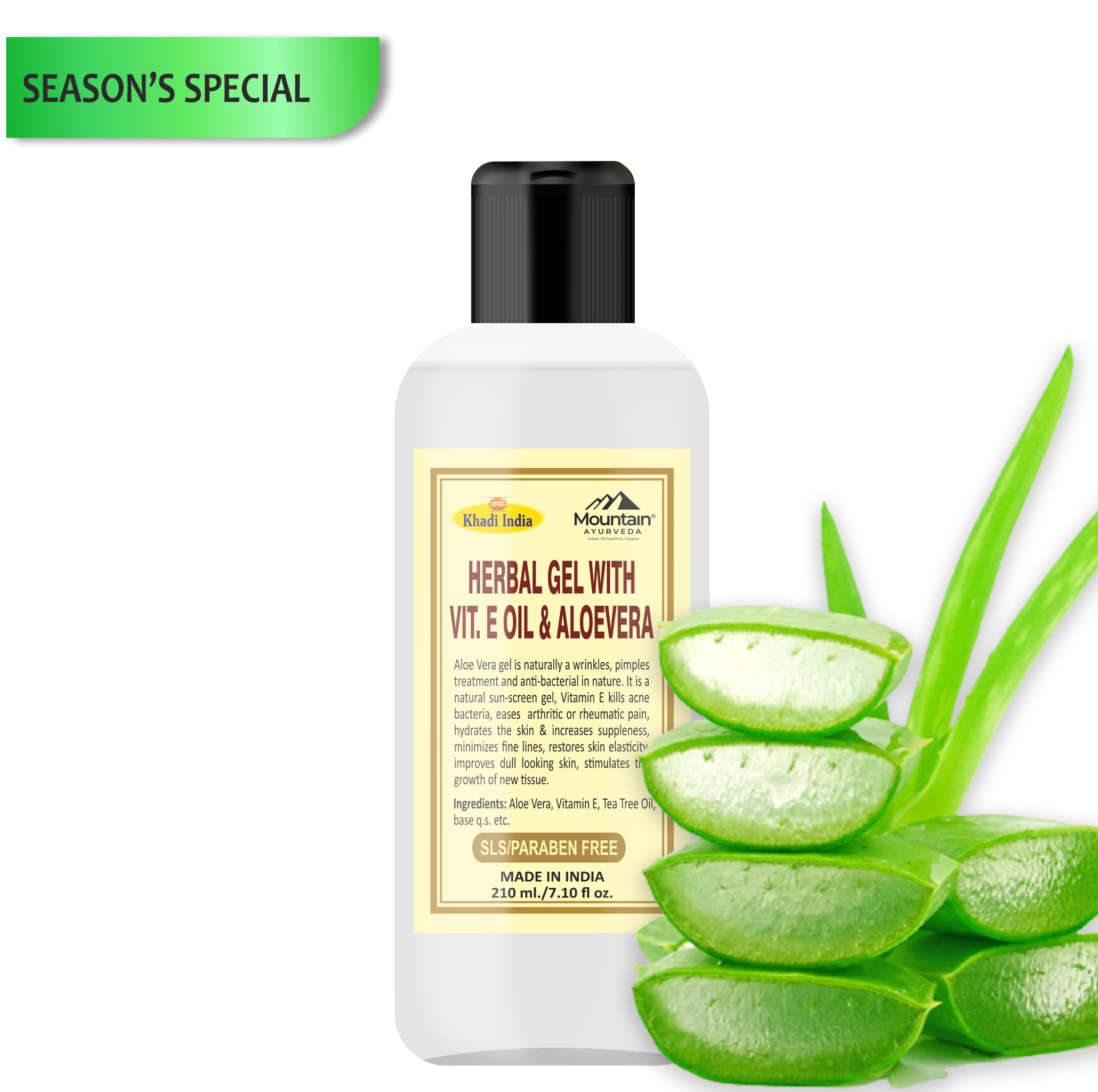 Khadi Herbal Gel with Aloe Vera & Vitamin E Oil 210ml – Hydrating & skin-repairing gel