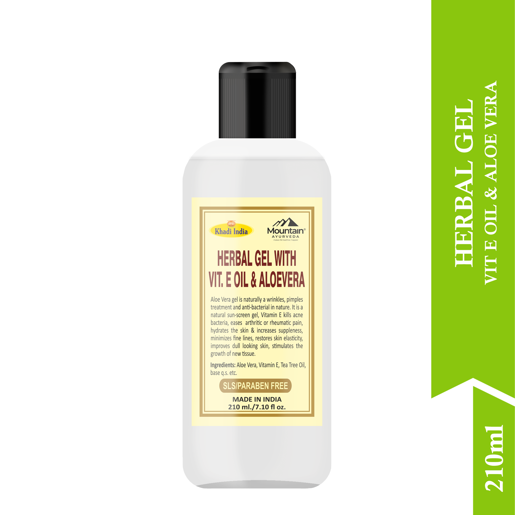 Side view of Khadi Herbal Gel bottle with Ayurvedic skincare packaging