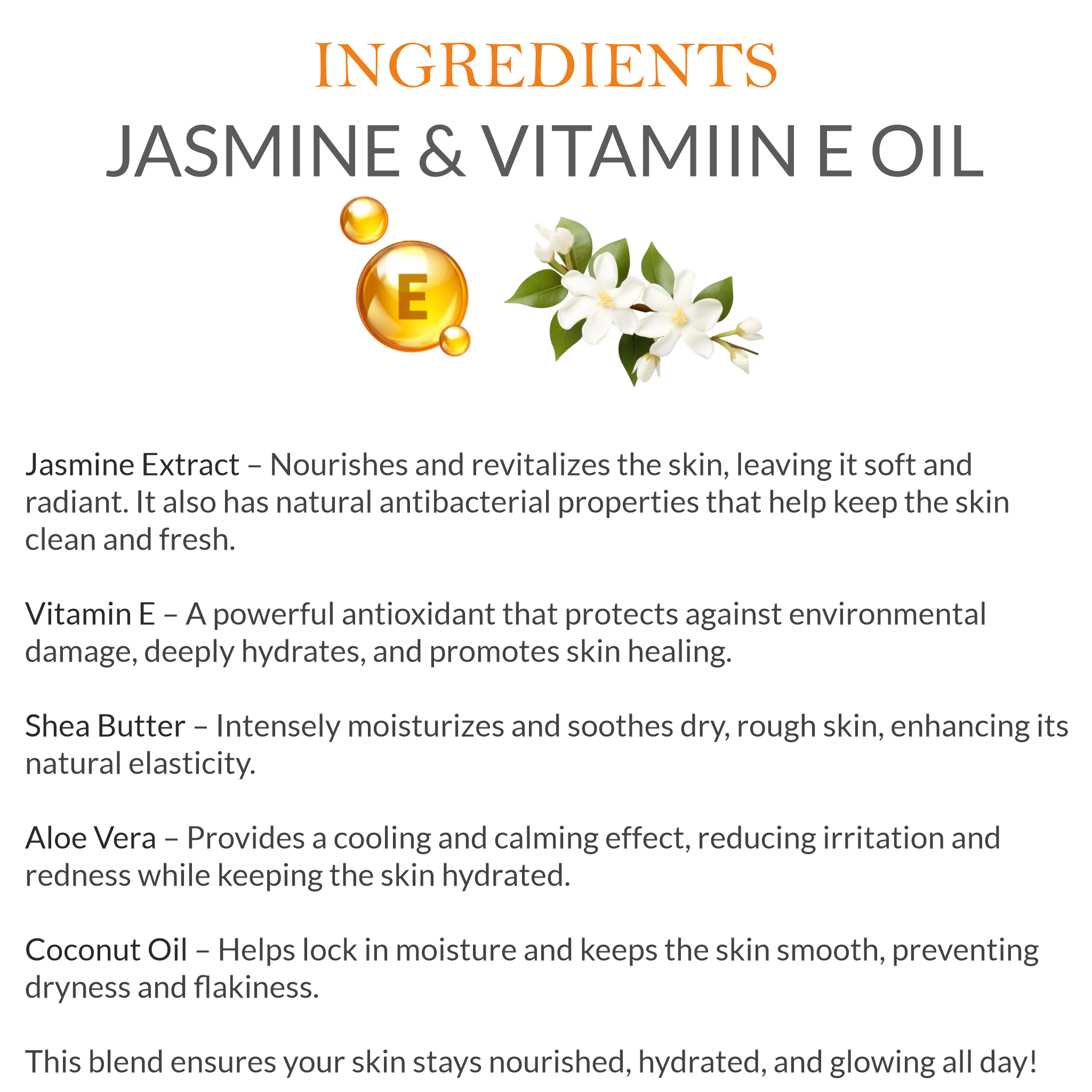 List of natural ingredients in Khadi Jasmine & Vitamin E Lotion, including jasmine extracts & vitamin E