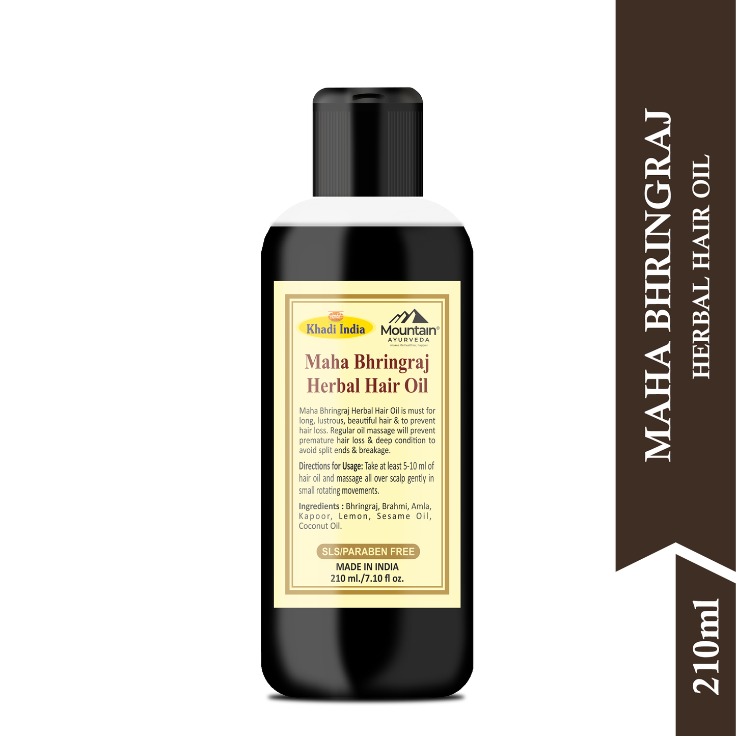 Side view of Khadi Maha Bhringraj Hair Oil bottle highlighting natural ingredients