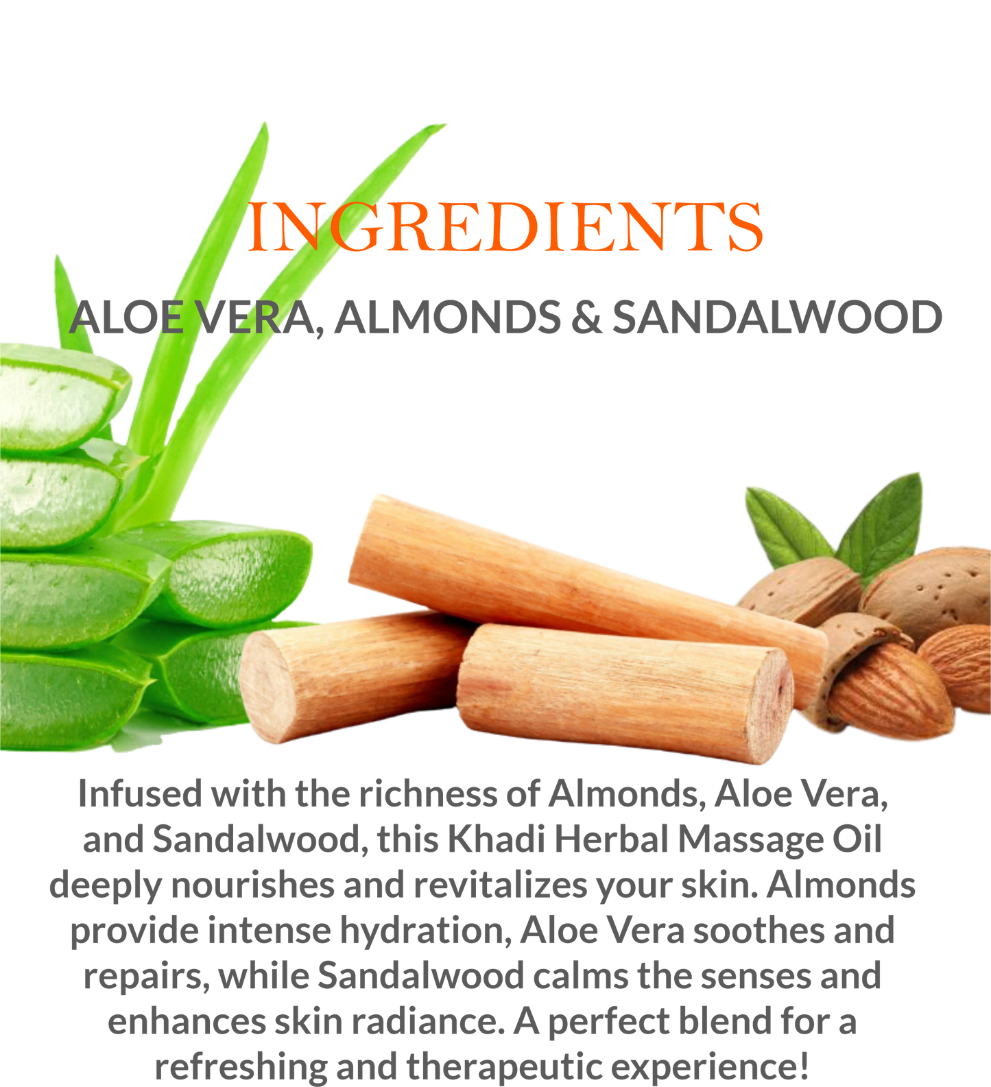 List of natural ingredients in Khadi Herbal Massage Oil, including Aloe Vera, Sandalwood & Almond Oil