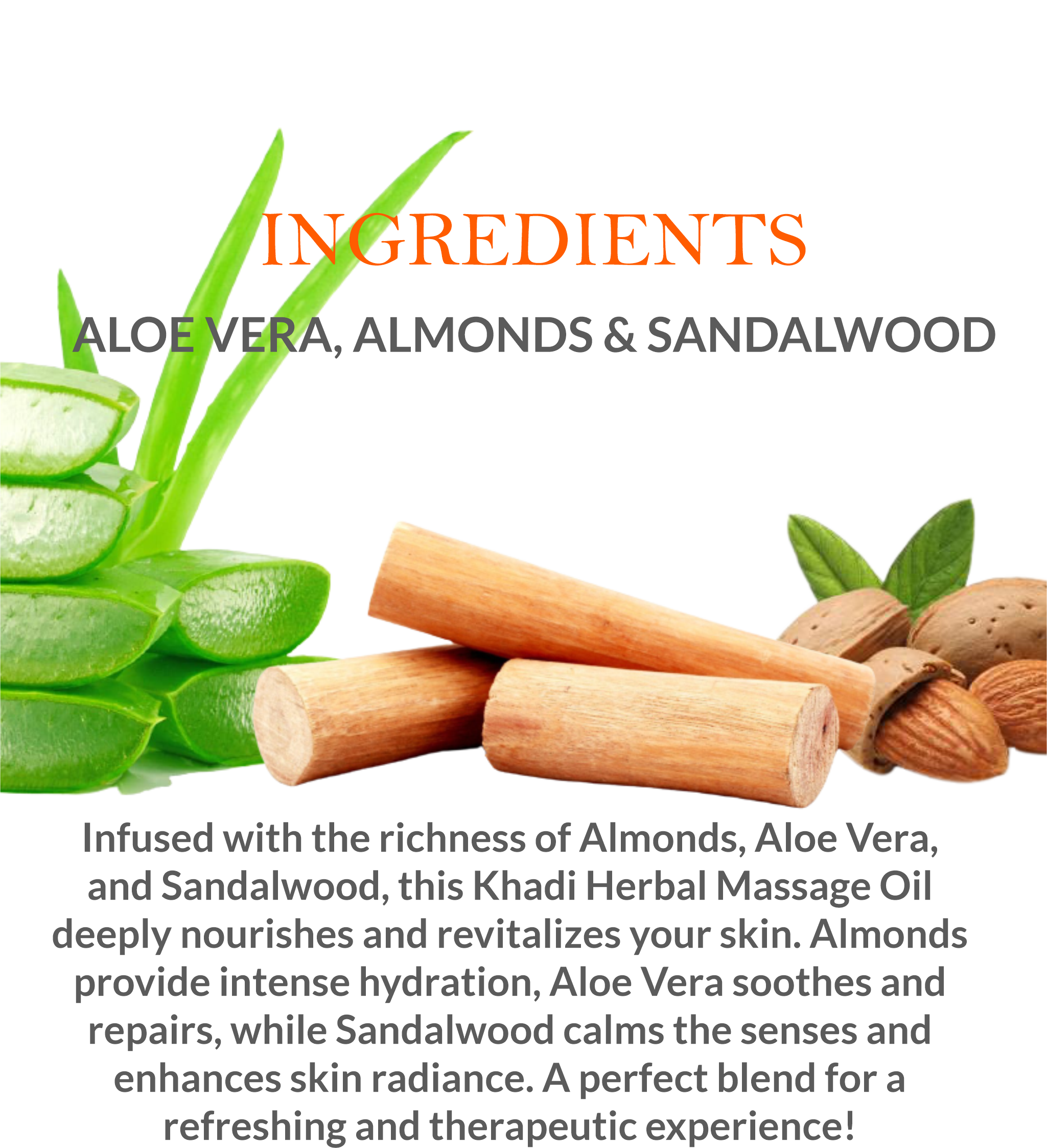 List of natural ingredients in Khadi Herbal Massage Oil, including Aloe Vera, Sandalwood & Almond Oil