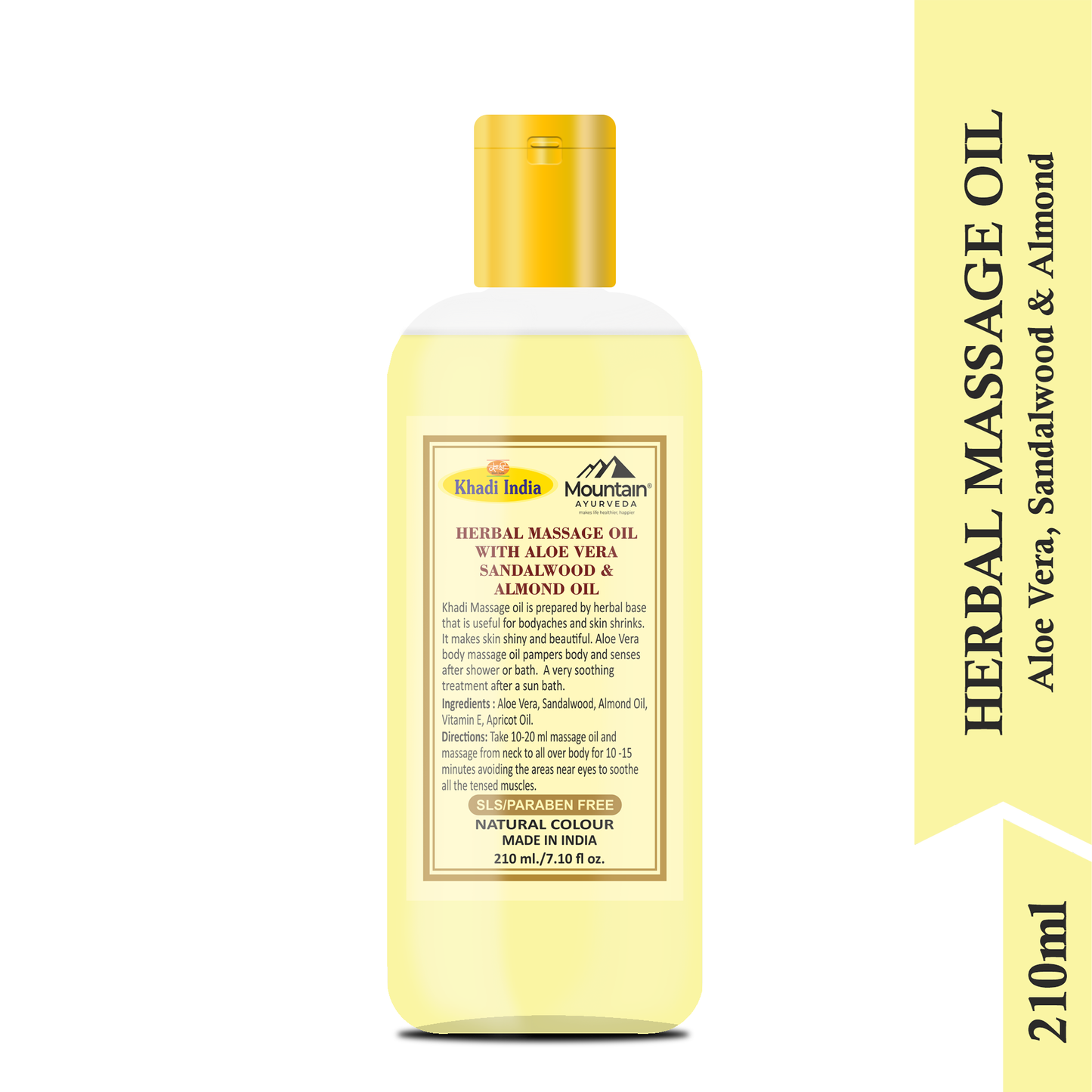 Side view of Khadi Massage Oil bottle with herbal ingredients