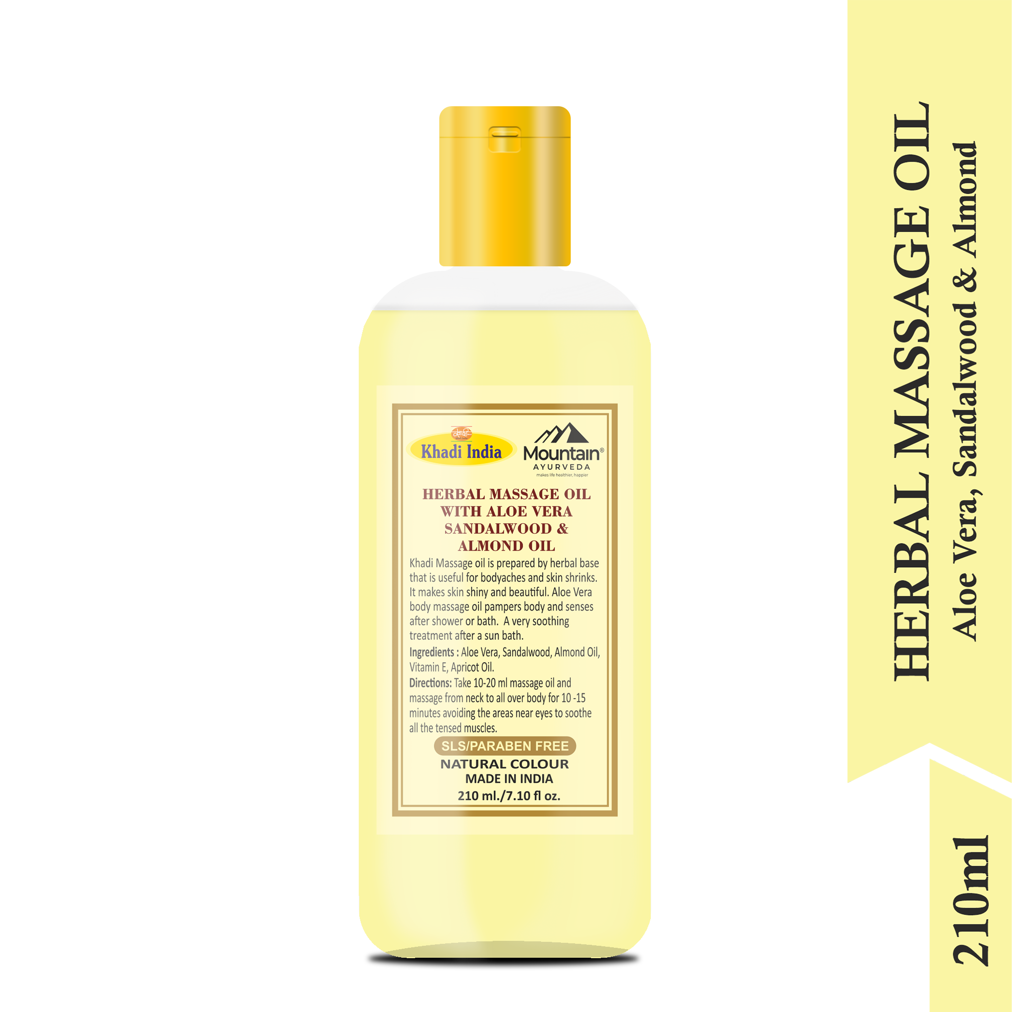 Side view of Khadi Massage Oil bottle with herbal ingredients