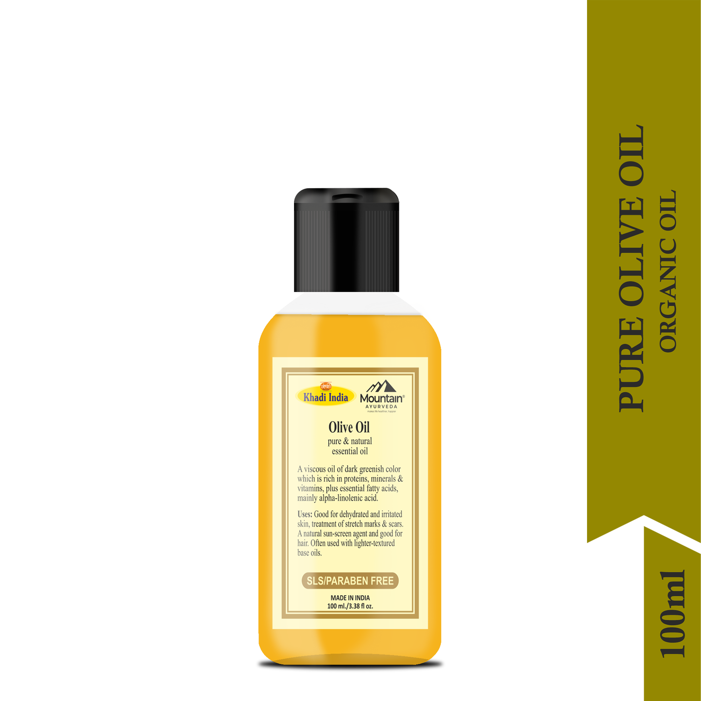 Side view of Khadi Pure Olive Oil 100ml bottle with essential nutrients