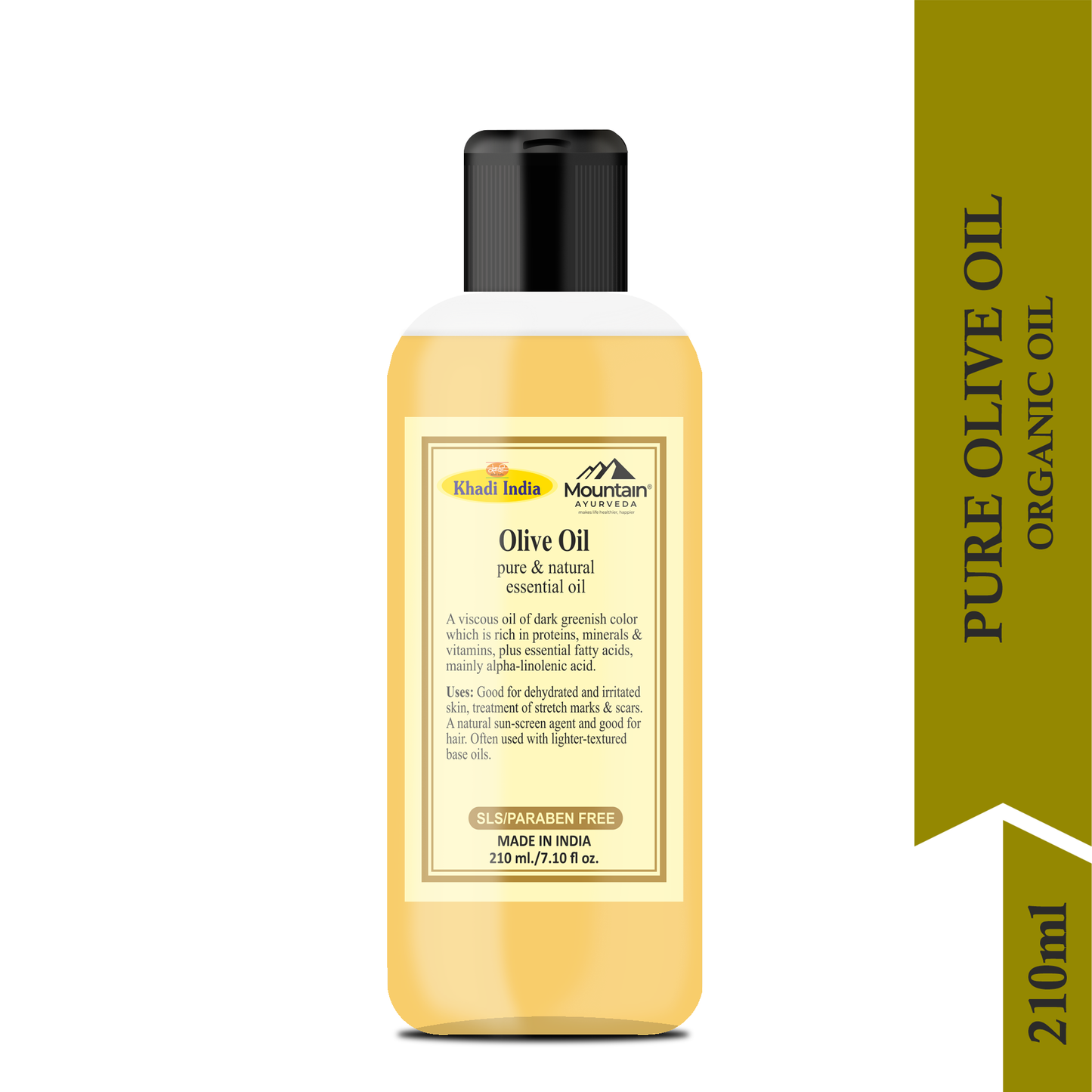 Side view of Khadi Pure Olive Oil 210ml bottle with essential nutrients