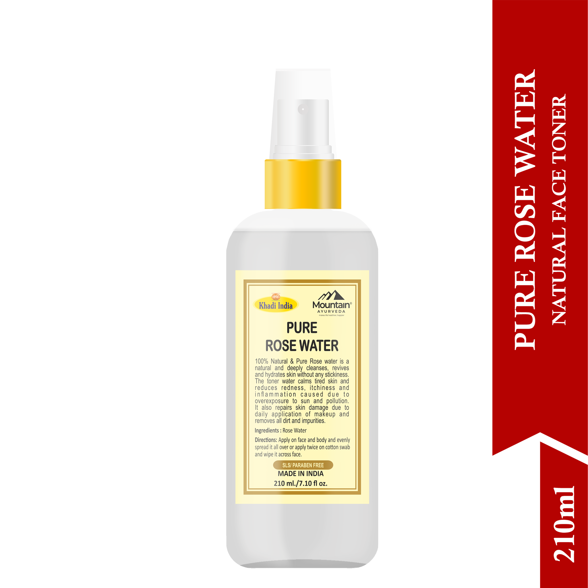 Side view of Khadi Pure Rose Water bottle with herbal skincare packaging