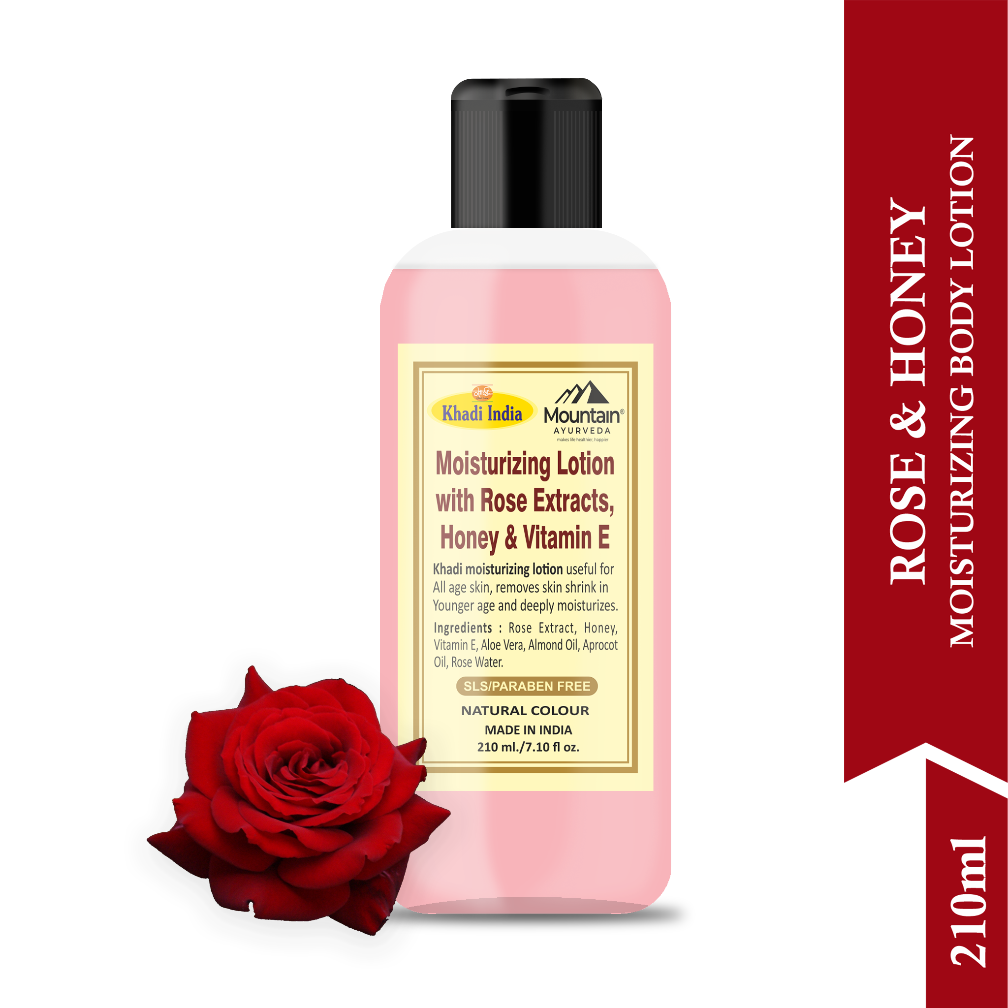 Side view of Khadi Rose Body Lotion bottle with floral design
