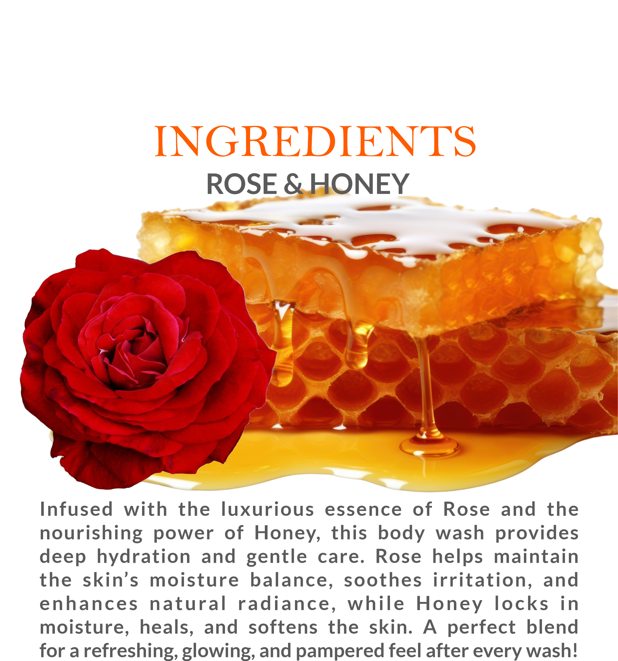Ingredients list of Khadi Rose & Honey Body Wash featuring Rose & Honey extracts