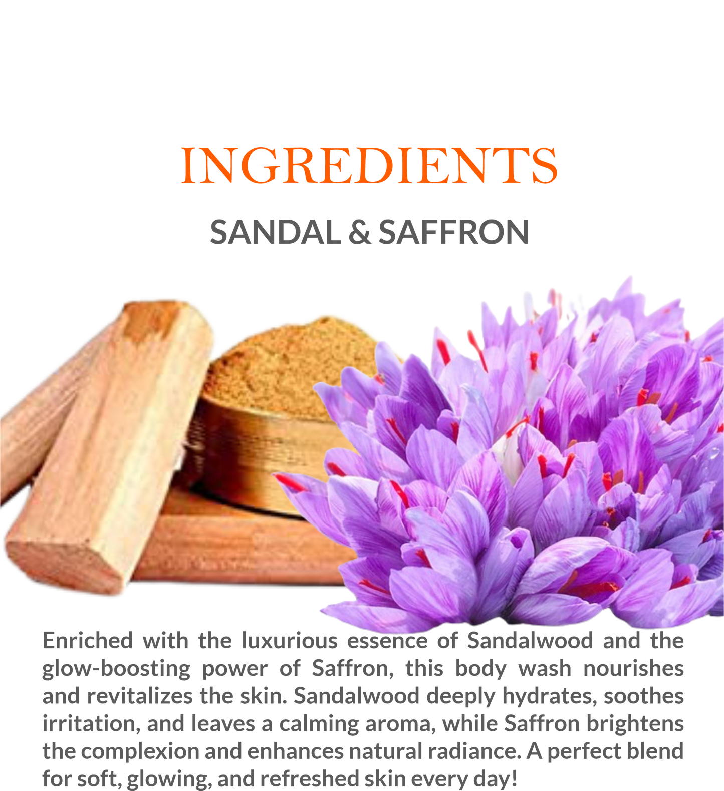 Ingredients list of Khadi Sandal & Saffron Body Wash featuring Sandalwood & Saffron
