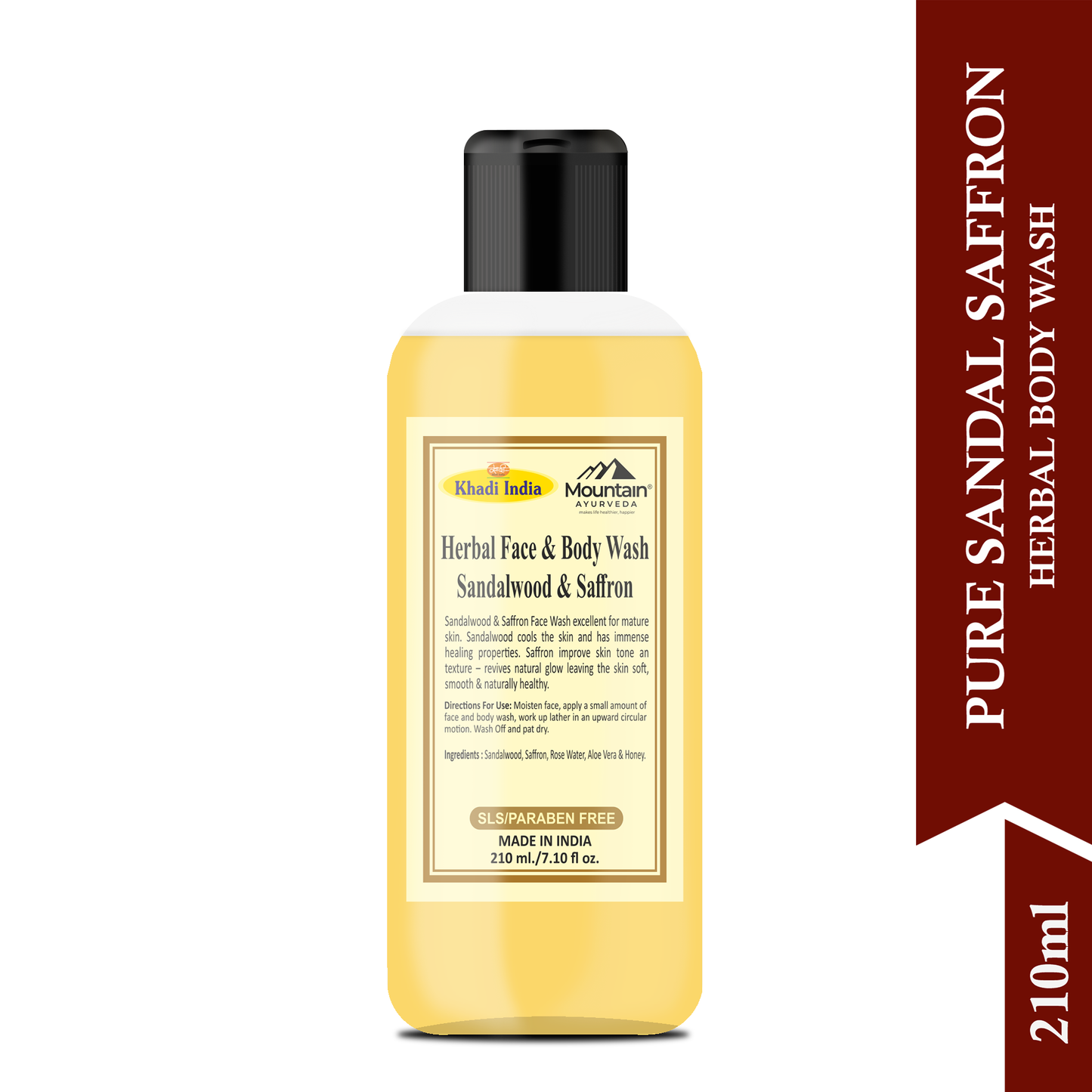 Side view of Khadi Sandal & Saffron Body Wash with Ayurvedic ingredients