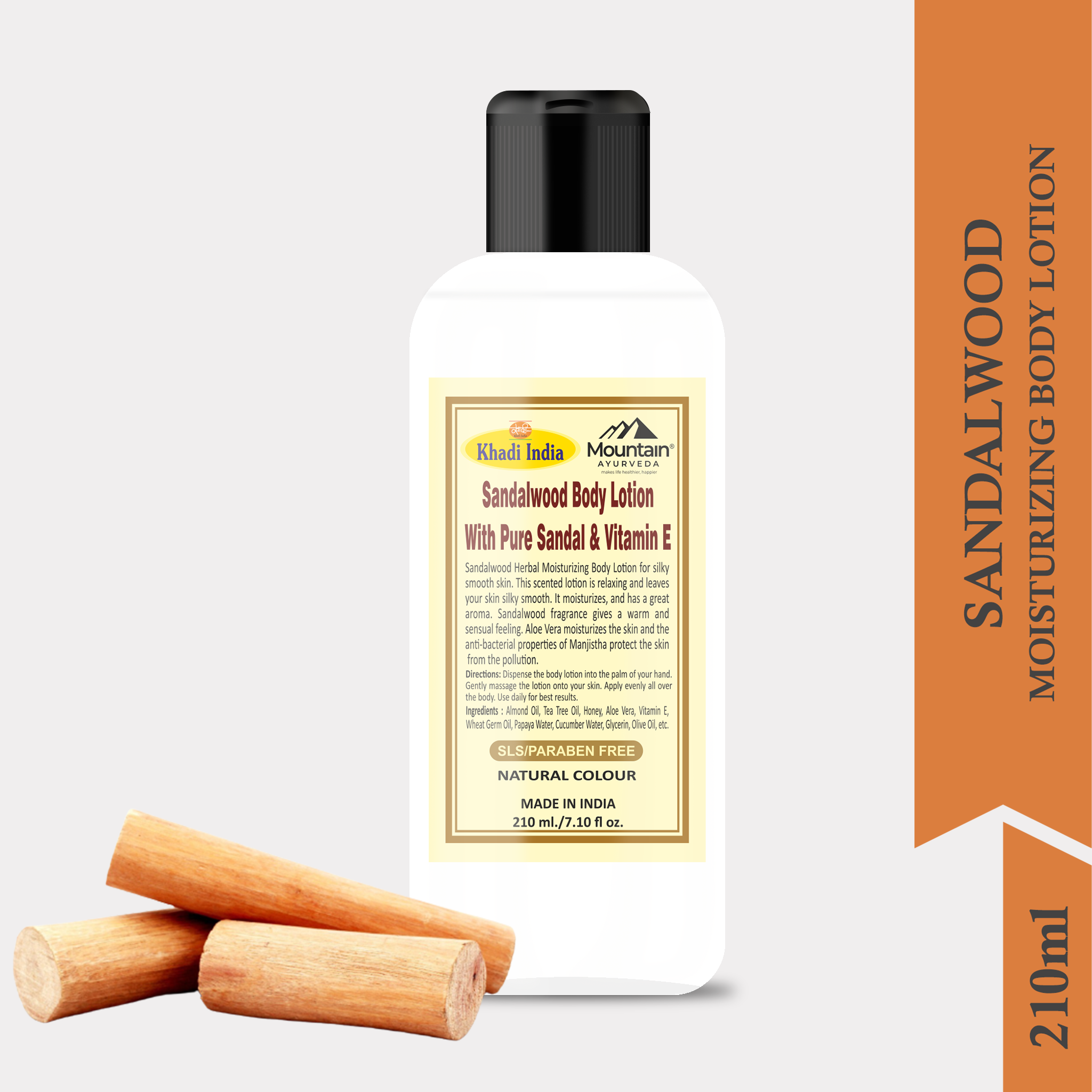 Side view of Khadi Sandalwood Body Lotion bottle with warm-toned packaging