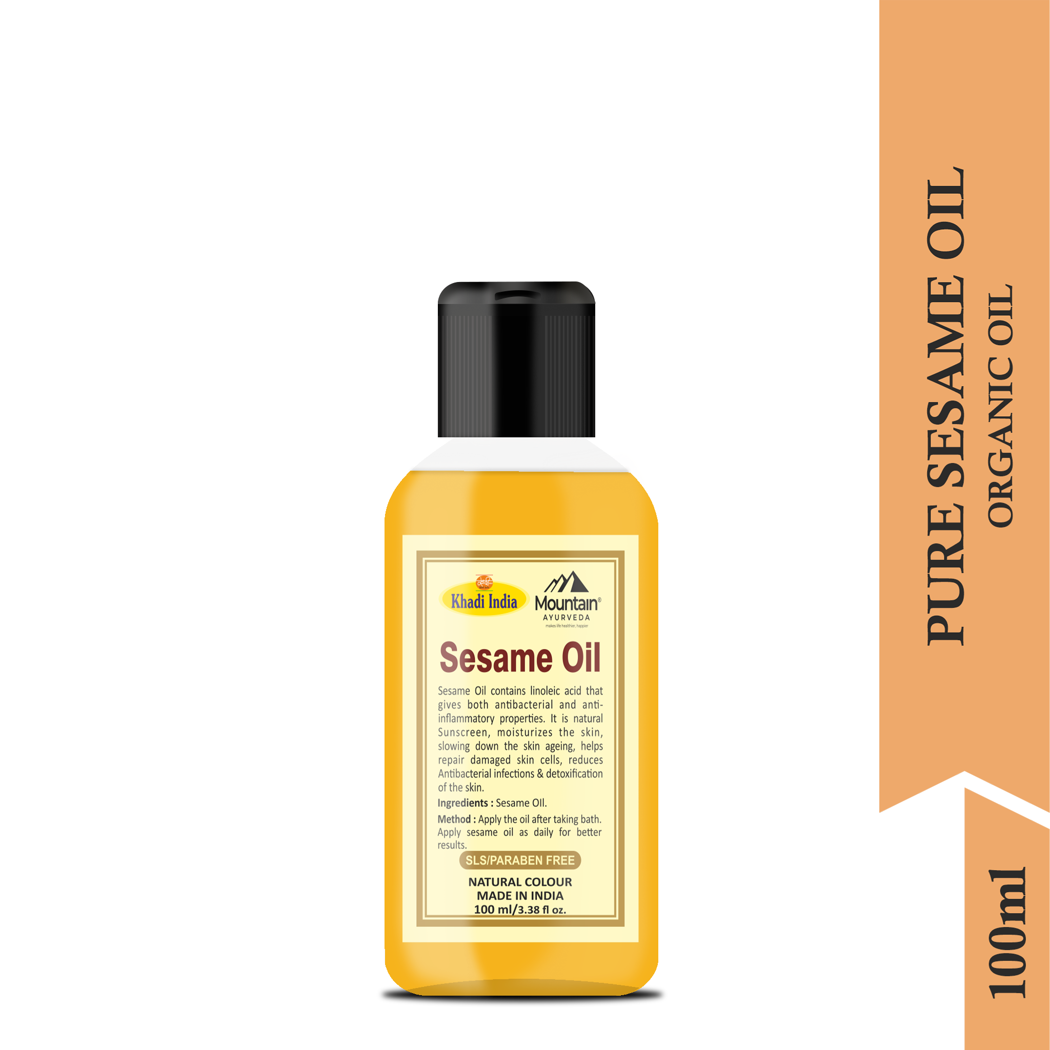 Side view of Khadi Sesame Seed Oil 100ml bottle with essential nutrients