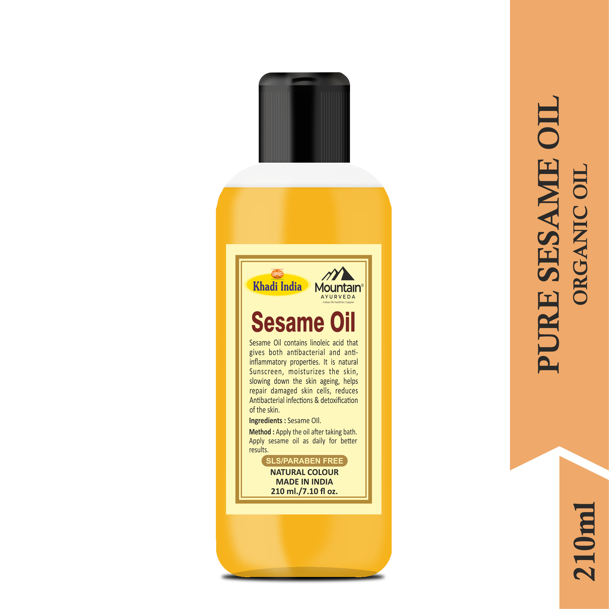 Side view of Khadi Sesame Seed Oil 210ml bottle with essential nutrients