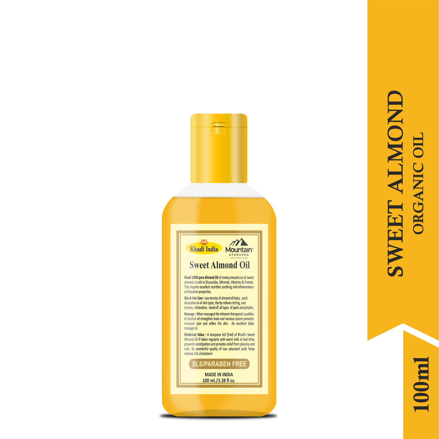 Side view of Khadi Sweet Almond Oil 100ml bottle with natural ingredients