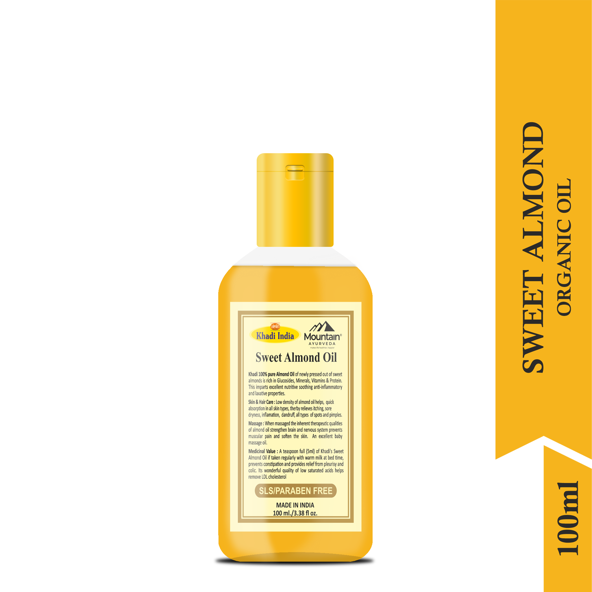 Side view of Khadi Sweet Almond Oil 100ml bottle with natural ingredients