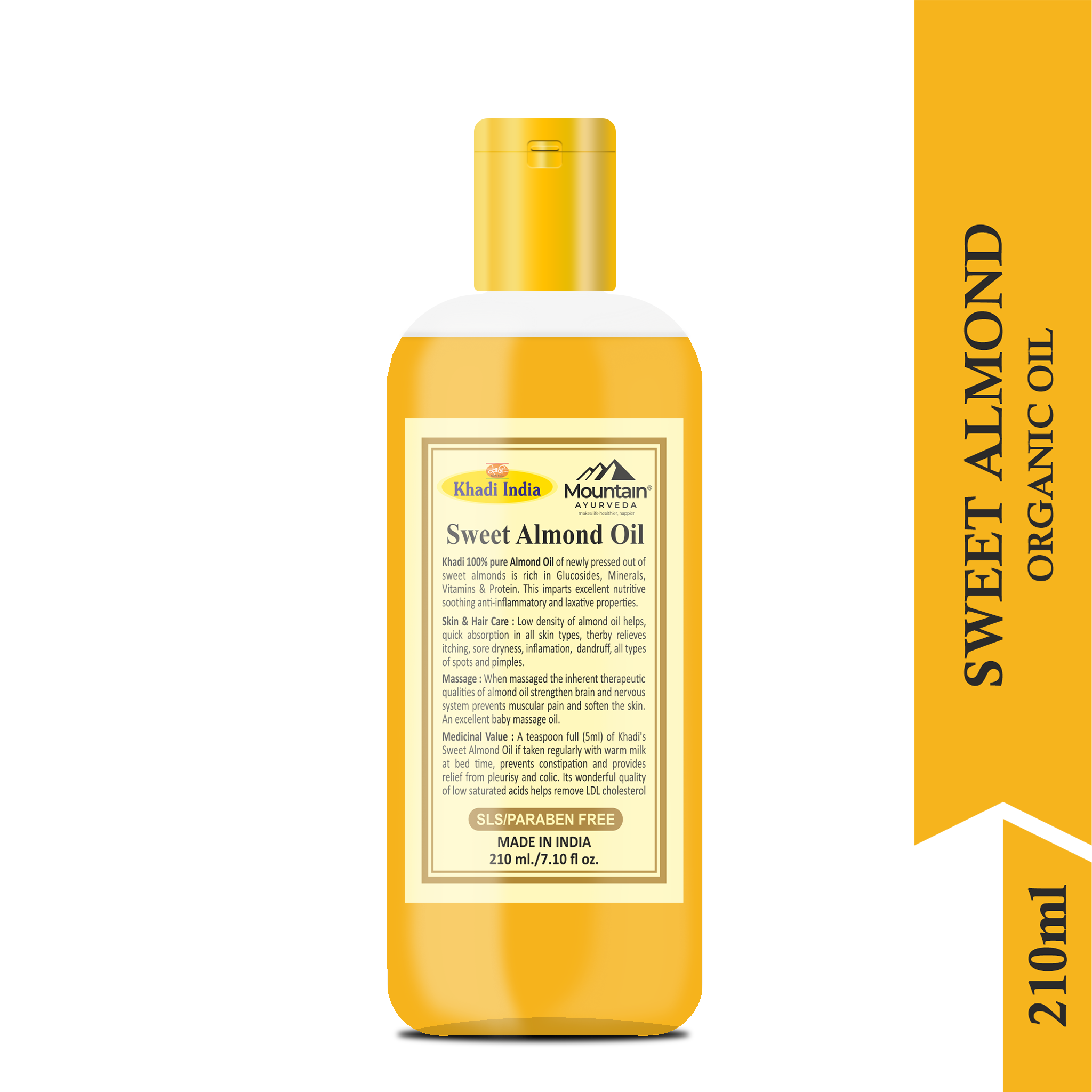 Side view of Khadi Sweet Almond Oil 210ml bottle with natural ingredients