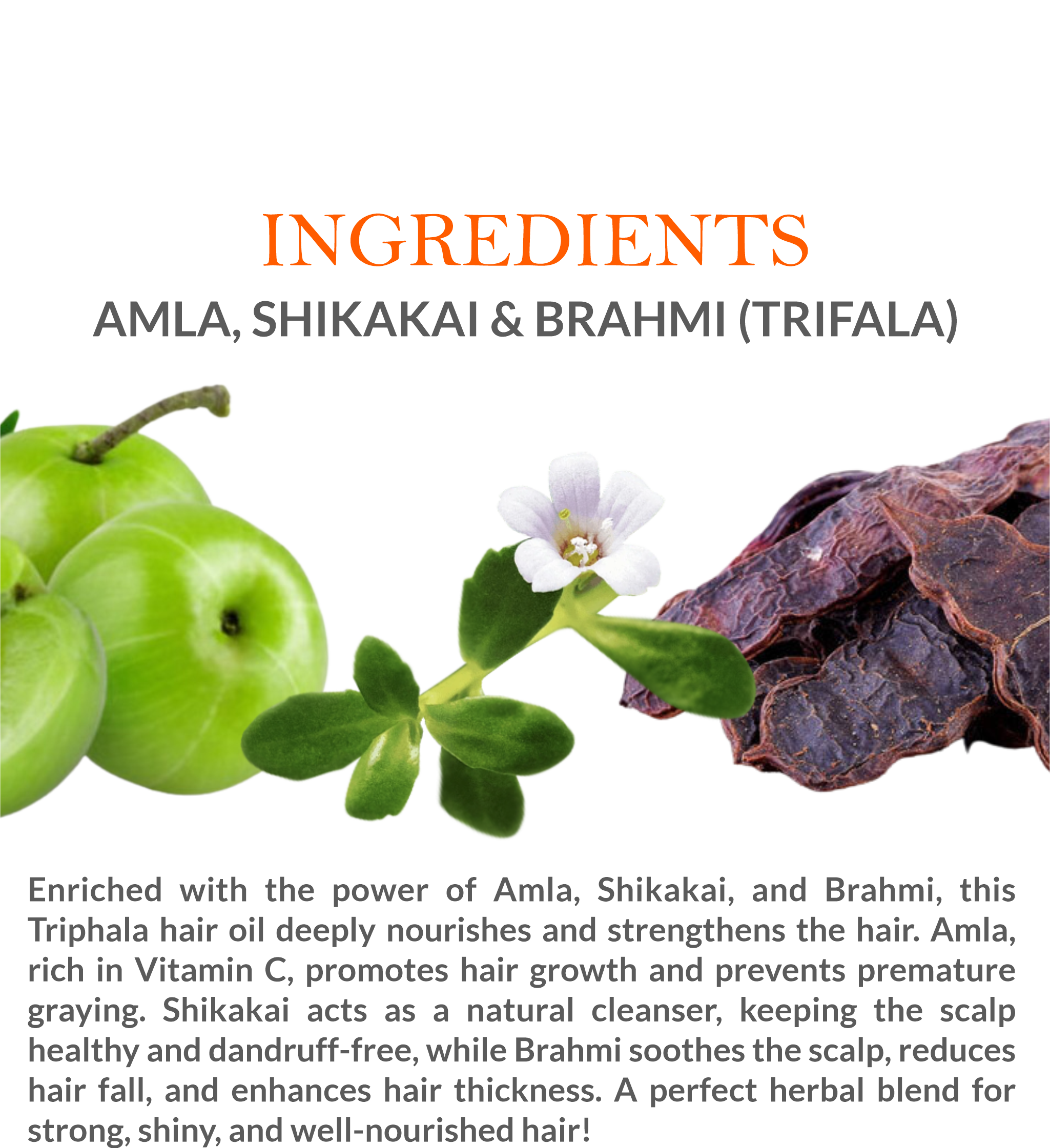 Ingredients list of Khadi Triphala Herbal Hair Oil featuring Amla, Harad & Baheda
