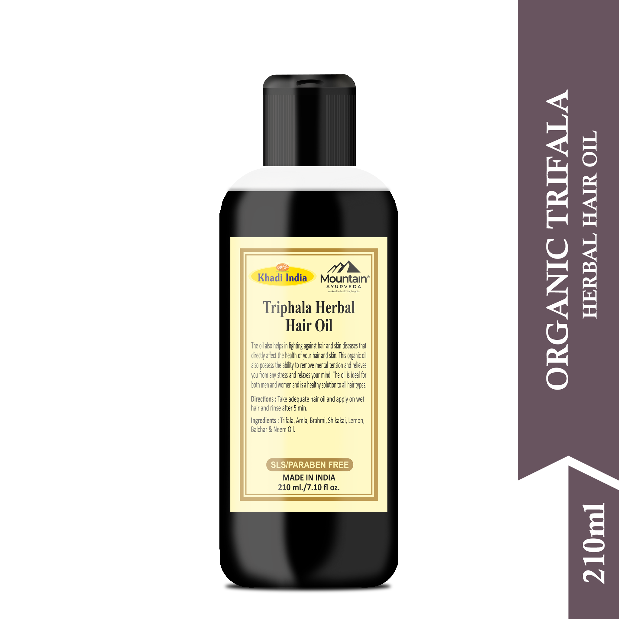 Side view of Khadi Triphala Herbal Hair Oil bottle with natural ingredients