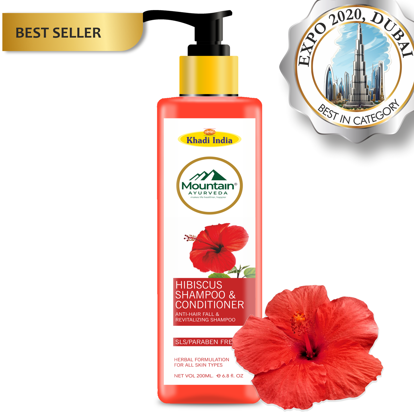 Mountain Ayurveda Hibiscus Shampoo 200 ml – Sulfate-Free Natural Hair Cleanser & Conditioner