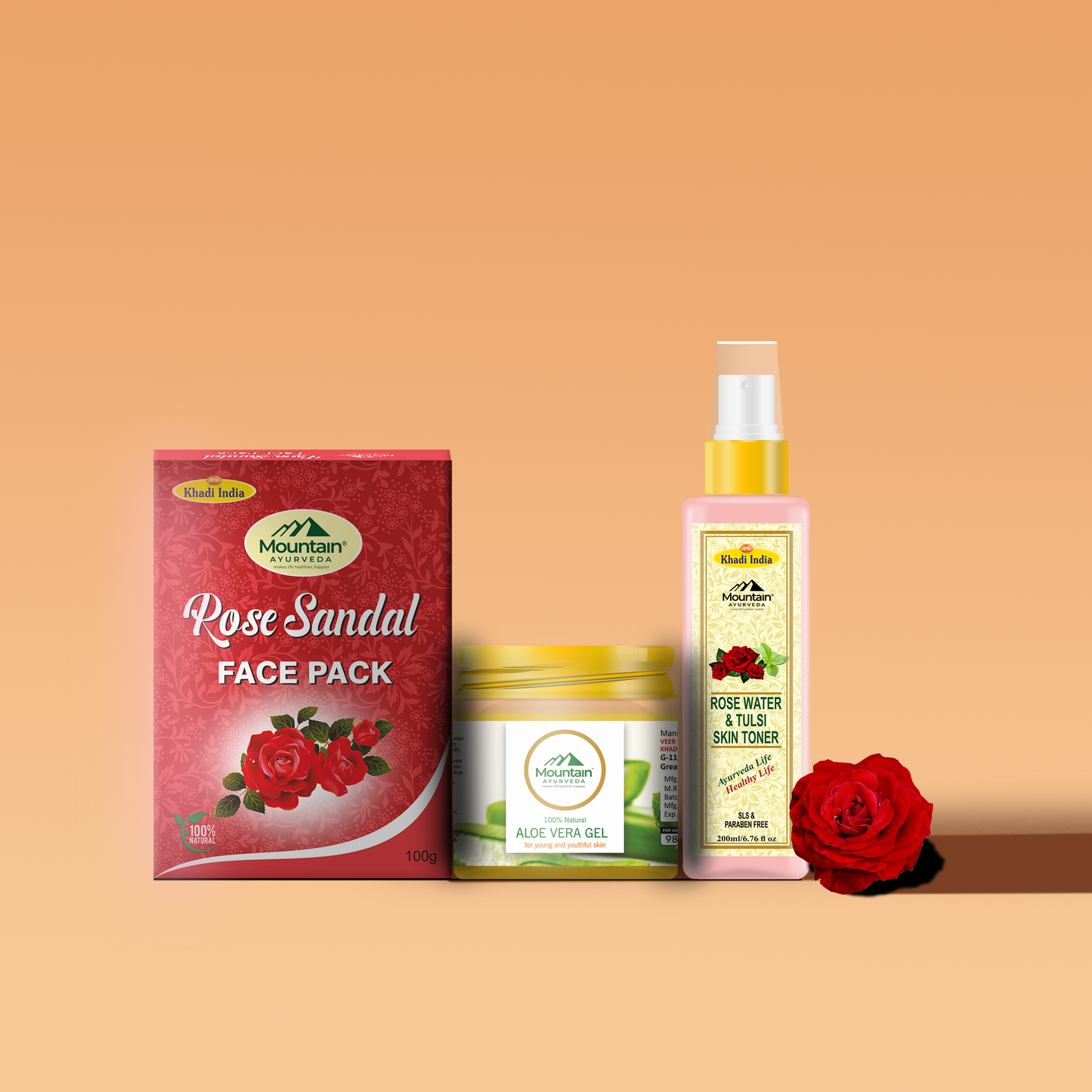 Skin Nirvana Pack – Herbal face care combo with Rose Sandal Face Pack, Rose Water, and Aloe Vera Gel