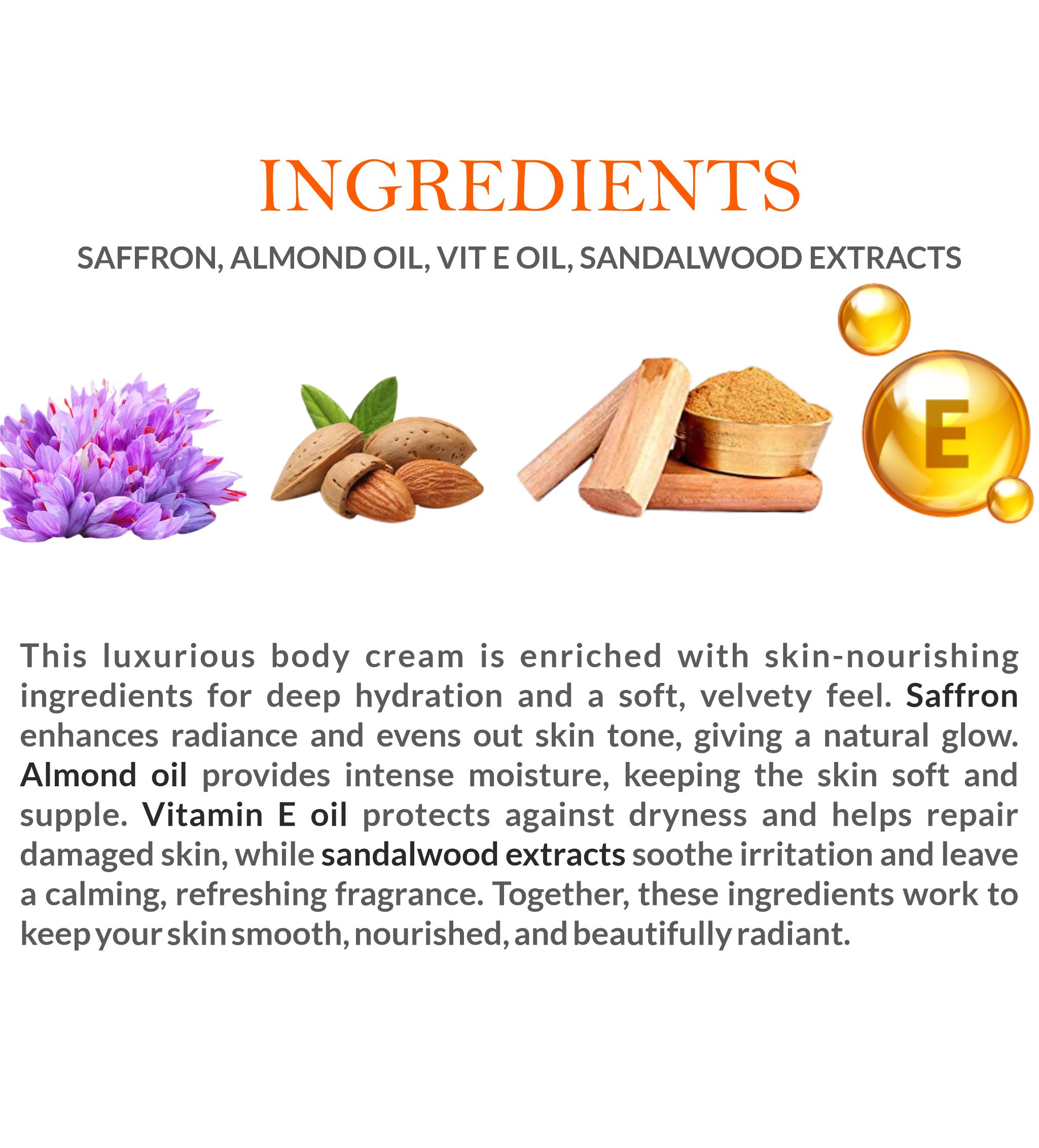 Natural Ingredients in Mountain Ayurveda Velvetty Body Cream – Kesar, Sandalwood Oil, Almond Oil, Vitamin E